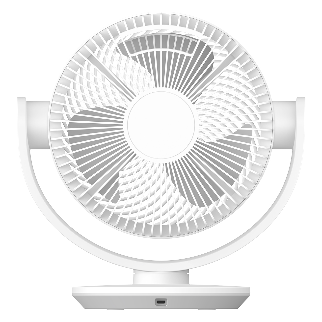 Ein weißer Ventilator mit kreisförmigem Design und weißem Sockel. Die Lüfterblätter sind sichtbar, und er steht vor weißem Hintergrund.