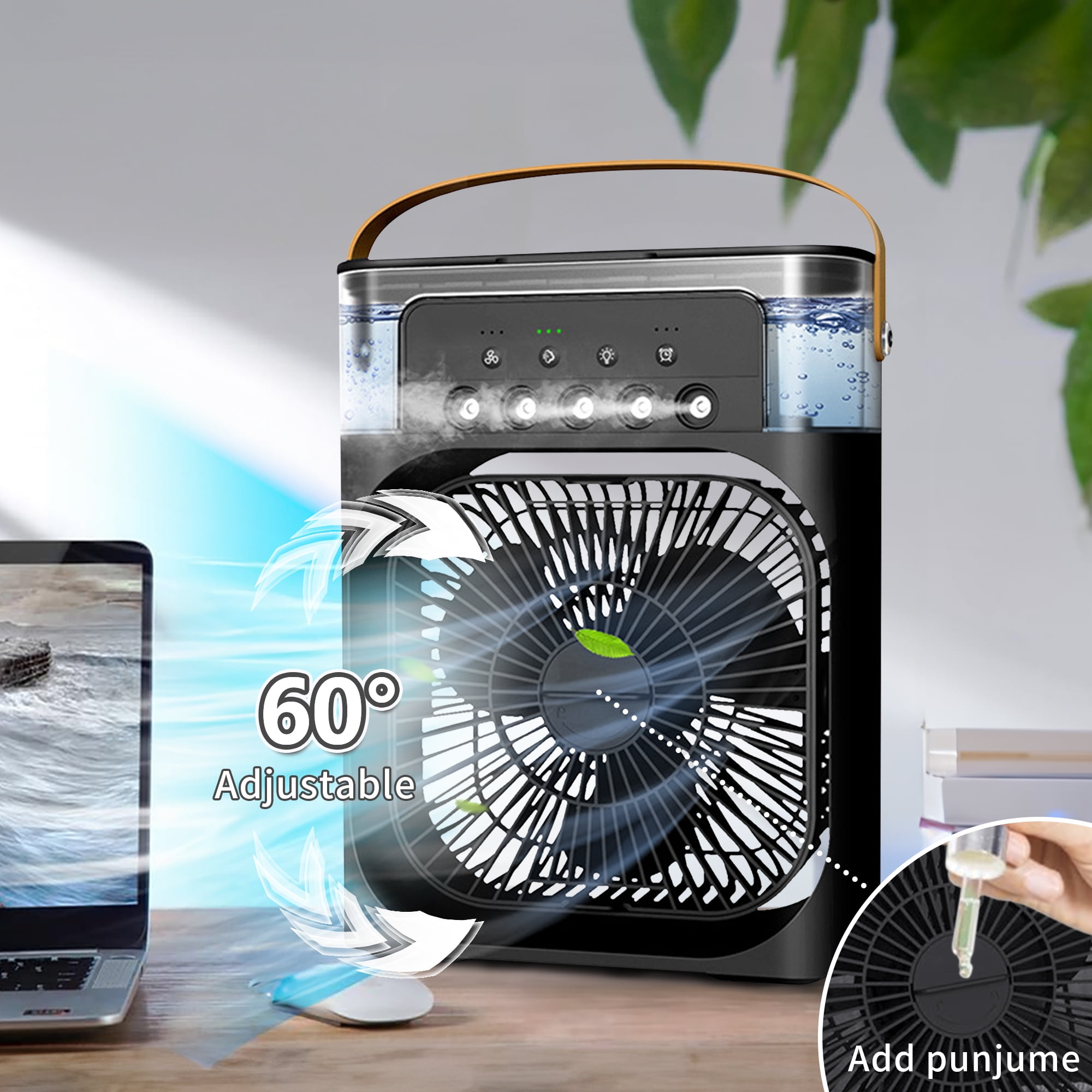 Schwarzer und klarer Luftkühler mit Ventilator. Laptop ist vorne. Einstellen des Ventilators und Hinzufügen von Punjume.