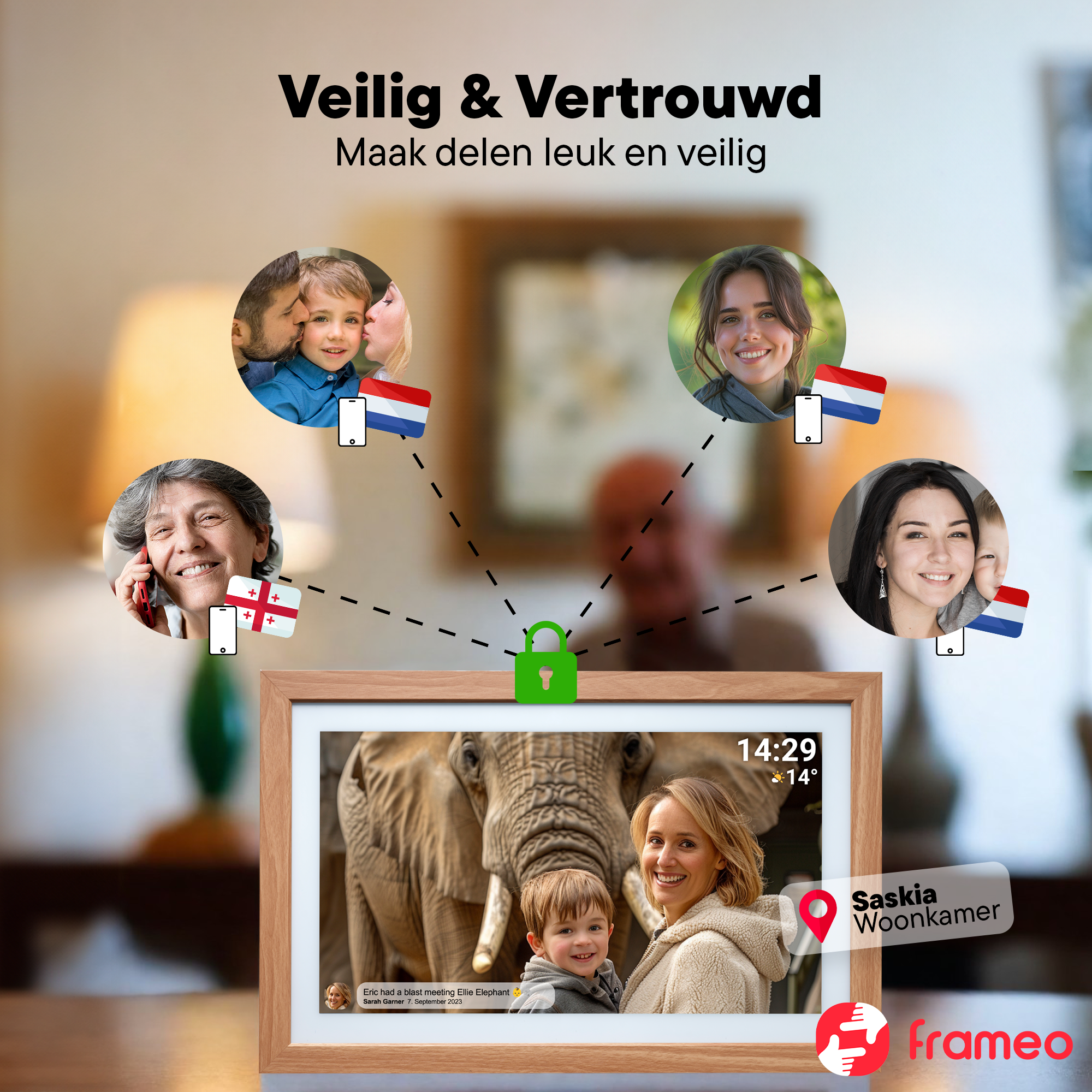 Un cadre photo numérique montre une femme et un enfant. Connecté à d'autres personnes via des appels vidéo.