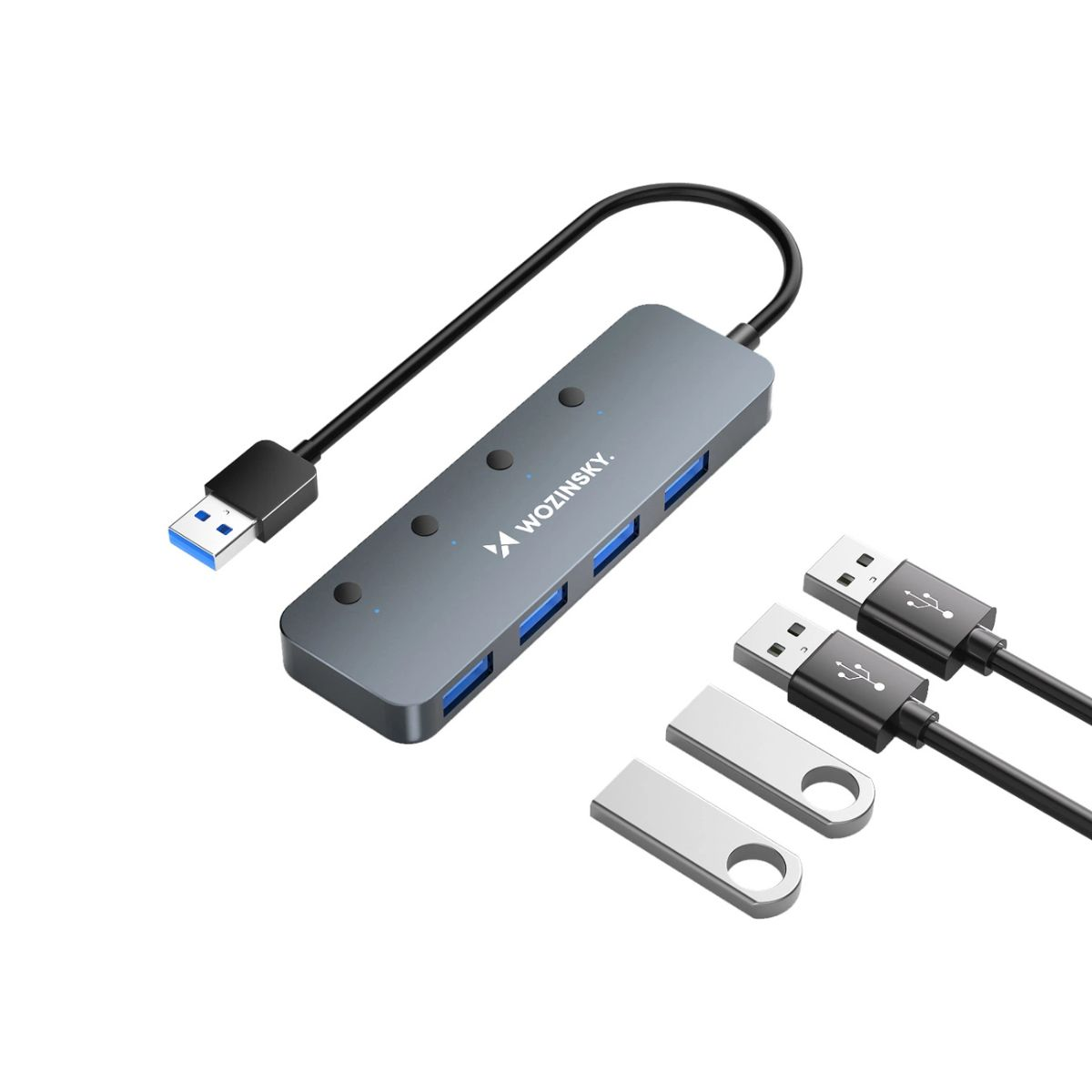Grauer USB-Hub mit vier Anschlüssen und USB-Laufwerken. USB-Kabel verbindet sich mit dem Hub. Alles auf weißem Hintergrund.