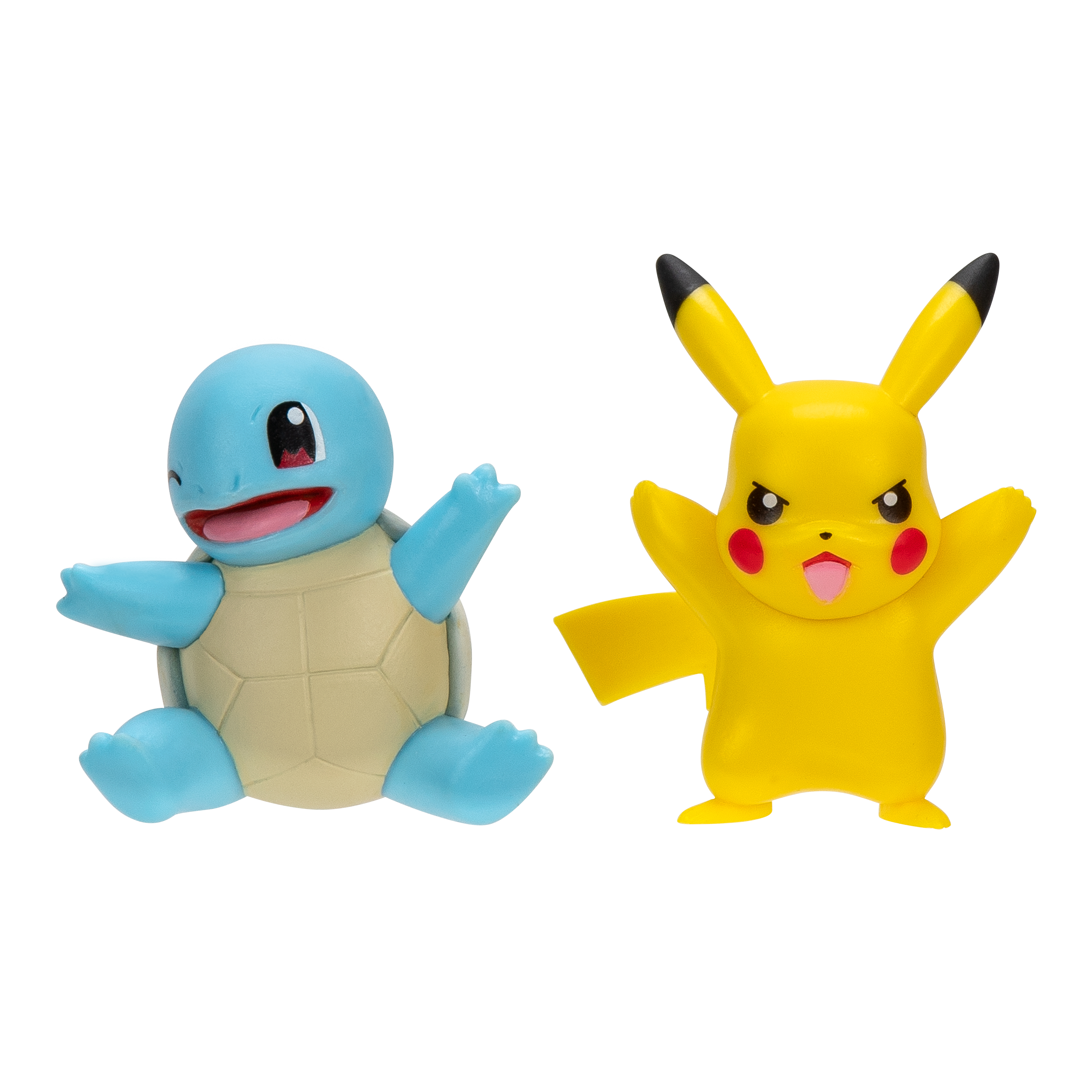 Schiggy, eine blaue Schildkröte, und Pikachu, eine gelbe Maus, sind Pokémon-Figuren auf weißem Grund.