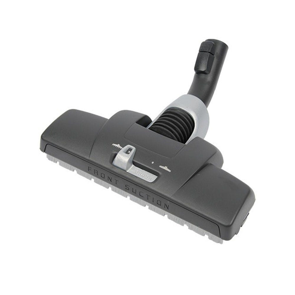 Staubsaugerkopf, dunkelgrau, mit Bürste und Saugöffnung. Vorne steht 'FRONT SUCTION'.