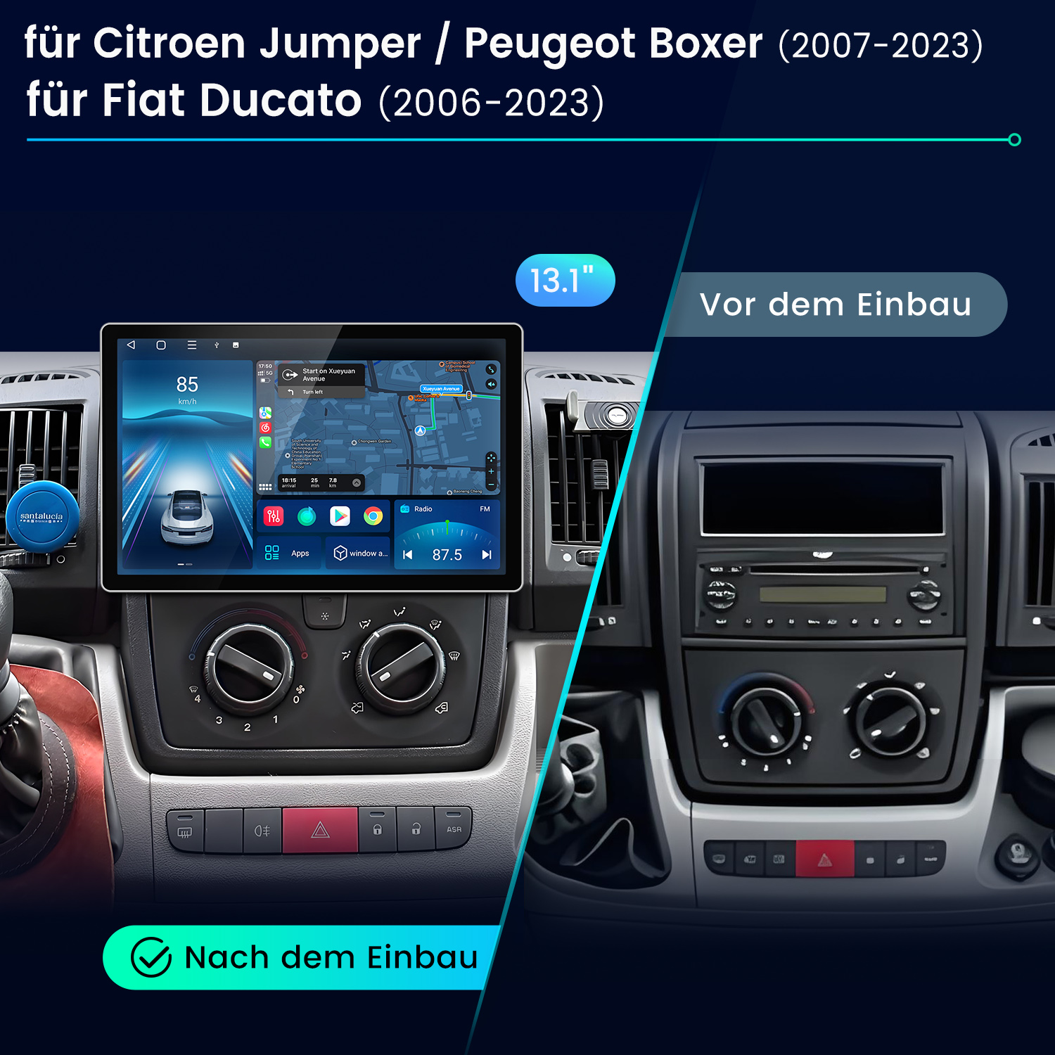 Ein Autoradio mit großem Bildschirm ist in einem Fahrzeug installiert. Ein Vergleich wird mit dem vorherigen Radio gemacht.