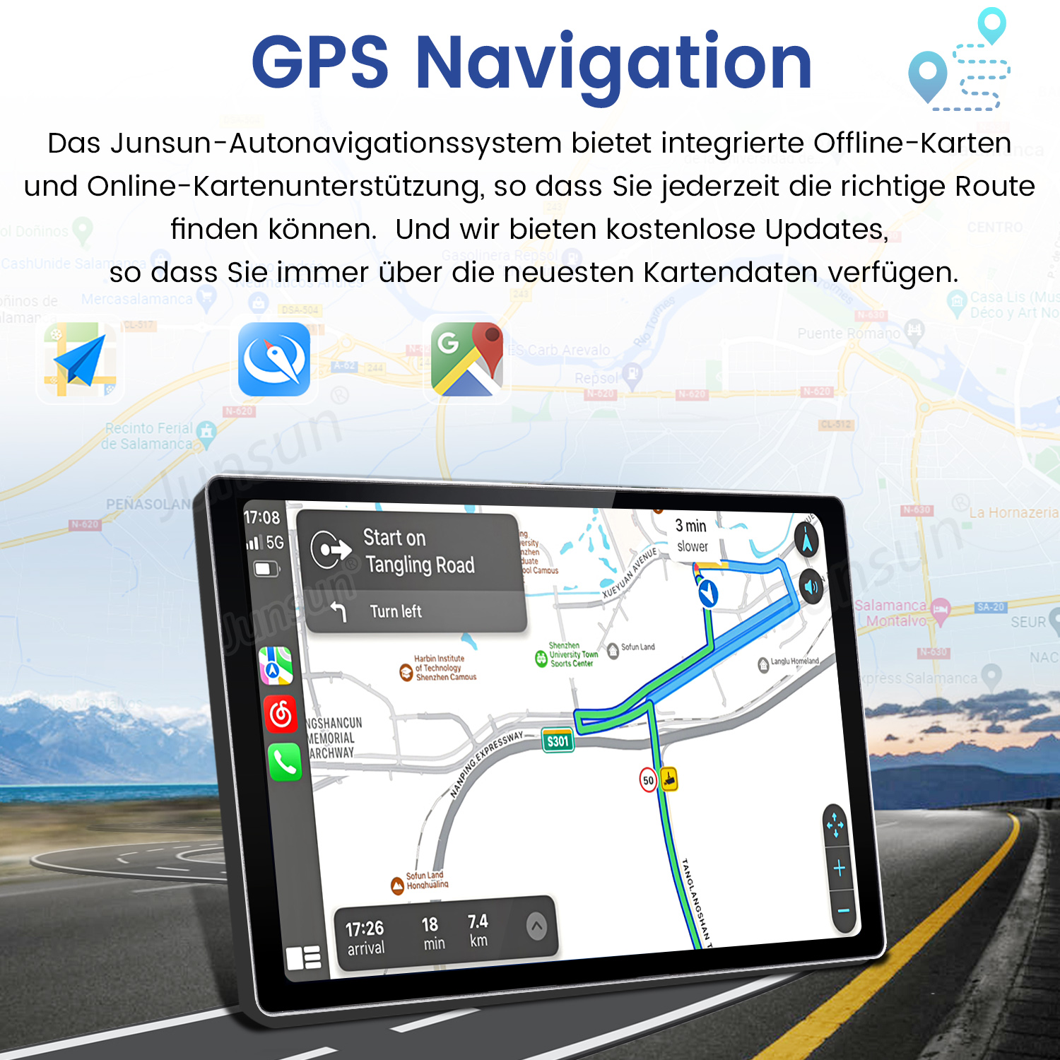 Autoradio-Bildschirm zeigt Karte und GPS-Navigation. Bild wirbt für Offline-Karten und kostenlose Updates.