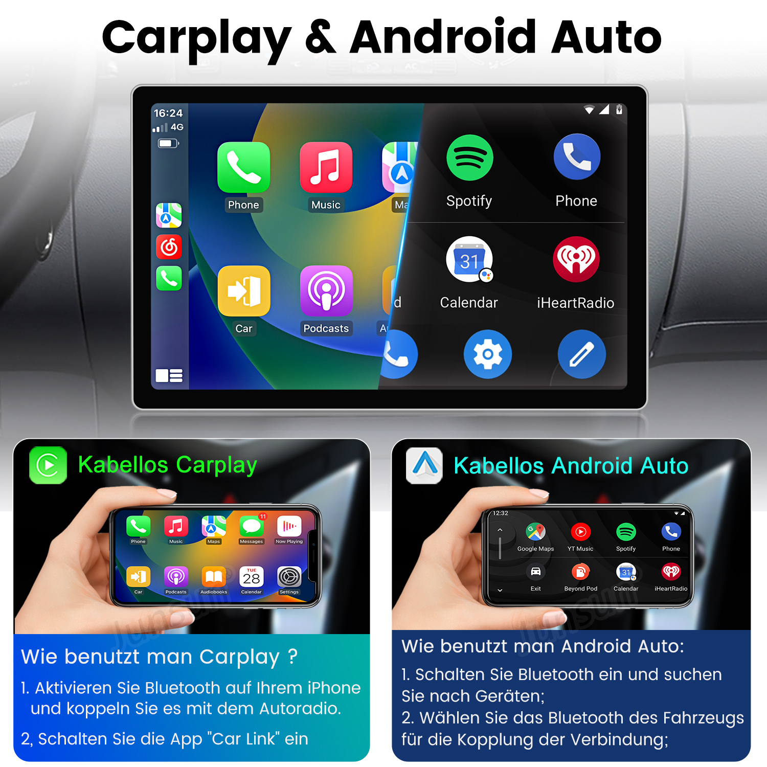 Autoradio zeigt App-Symbole für CarPlay und Android Auto. Anweisungen zur Nutzung der Funktionen werden angezeigt.
