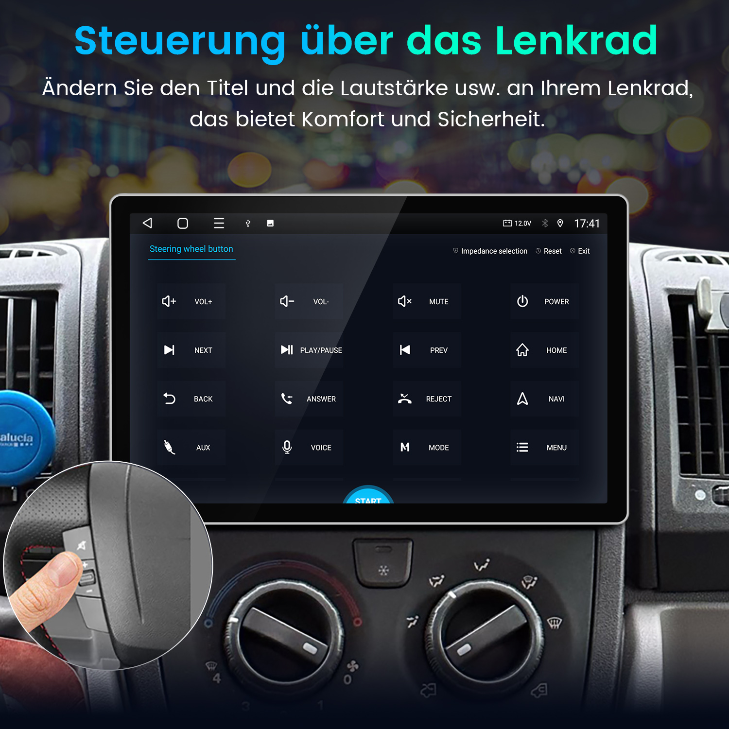 Autoradio-Bildschirm zeigt Lenkradtasten. Bild hebt Komfort- und Sicherheitsmerkmale hervor.