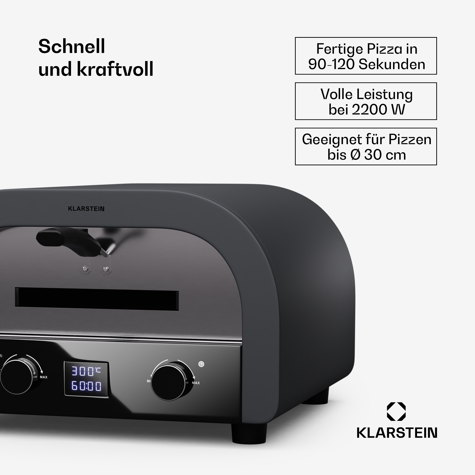 Schwarzer Pizzaofen mit Digitalanzeige und Knopf. Text beschreibt schnelles Kochen und Leistungsdetails.