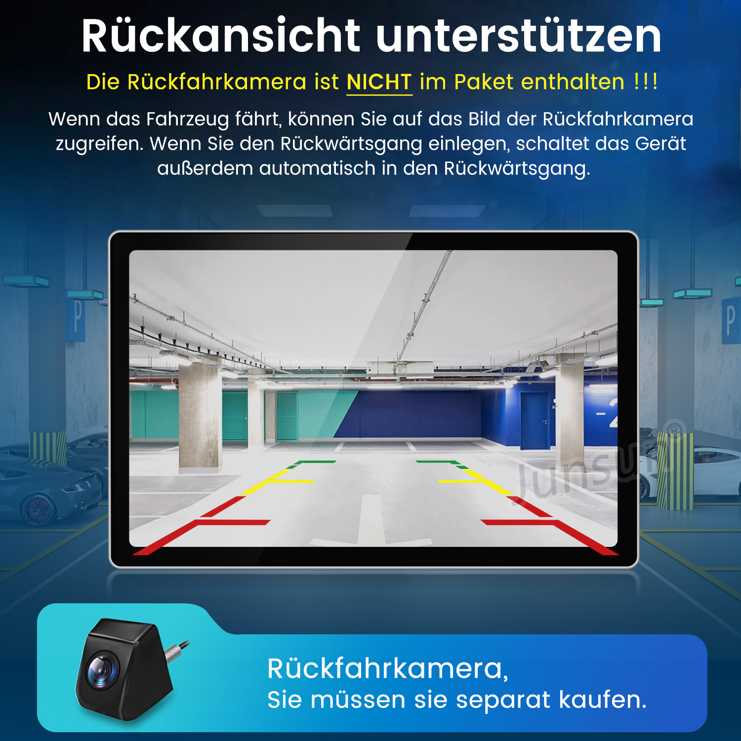 Rückfahrkamera eines Autos auf einem Bildschirm. Eine schwarze Kamera wird unten angezeigt. Text auf Deutsch.