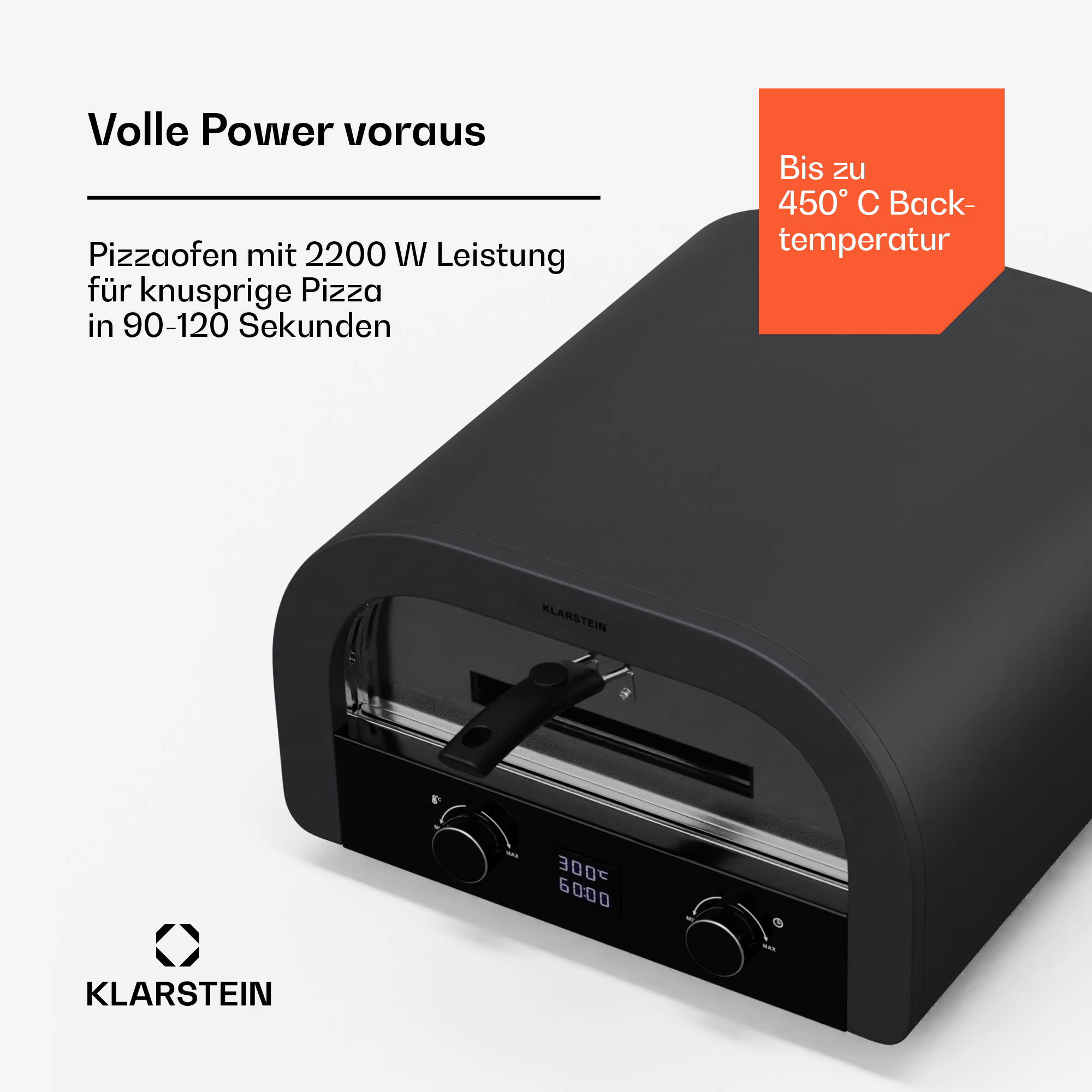 Schwarzer Pizzaofen mit Digitalanzeige und Knopf. Text beschreibt Leistung, mit hervorgehobener Temperatur.