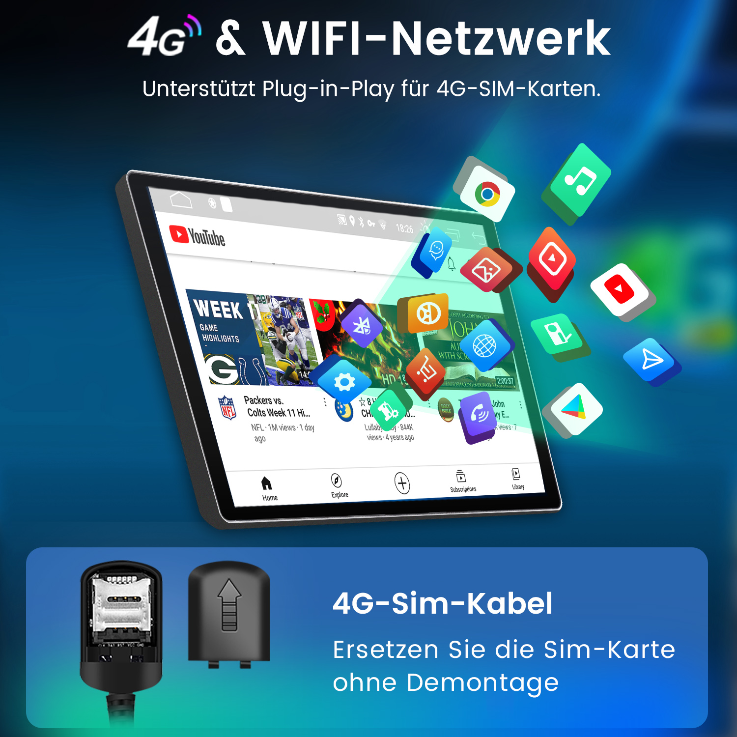 Autoradio-Bildschirm zeigt YouTube-Video, App-Symbole, wirbt für 4G- und WLAN-Netzwerkfunktionen.