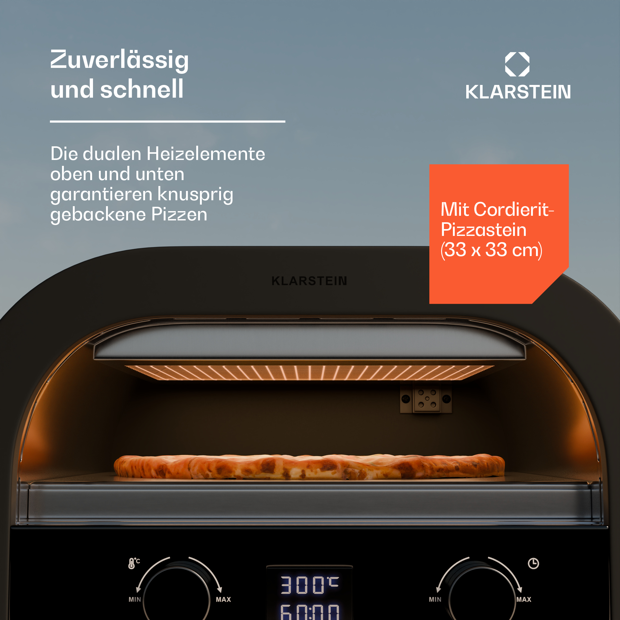 Ein Pizzaofen mit gebackener Pizza. Der Text auf Deutsch lautet: zuverlässig und schnell und ein Pizzastein.
