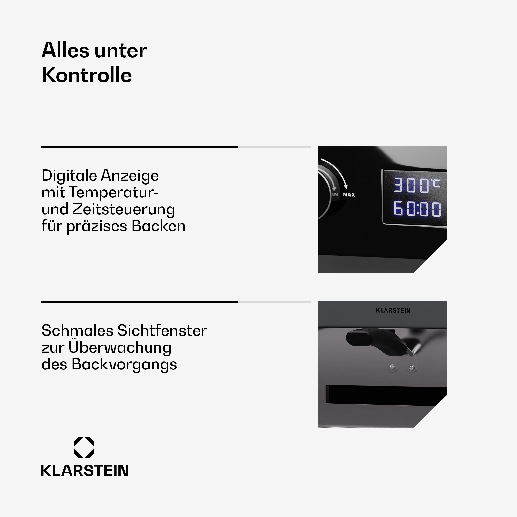 Nahaufnahme eines Pizzaofens mit Temperatur- und Zeitsteuerungsdetails. Der Ofen hat Digitalanzeige und Sichtfenster.