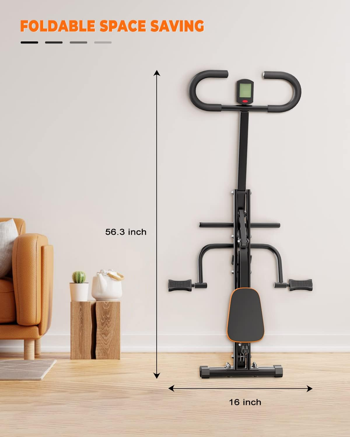 Złożona czarna maszyna do ćwiczeń z wymiarami i tekstem wskazującym na składanie i oszczędność miejsca.