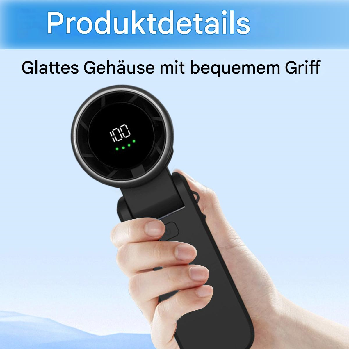 Eine Person hält einen schwarzen tragbaren Ventilator mit Digitalanzeige, die 100 anzeigt. Text: glattes Gehäuse mit bequemem Griff.