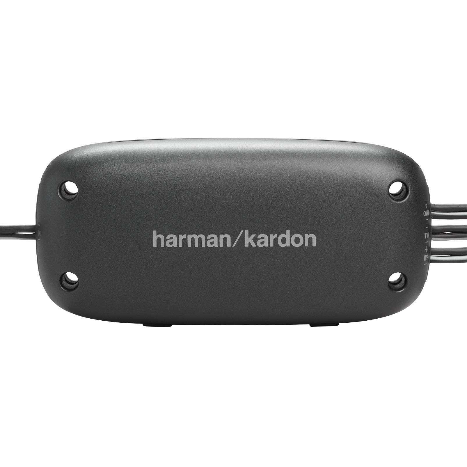 Ein dunkelgraues elektronisches Gerät mit dem harman/kardon-Logo und Anschlüssen auf weißem Hintergrund.