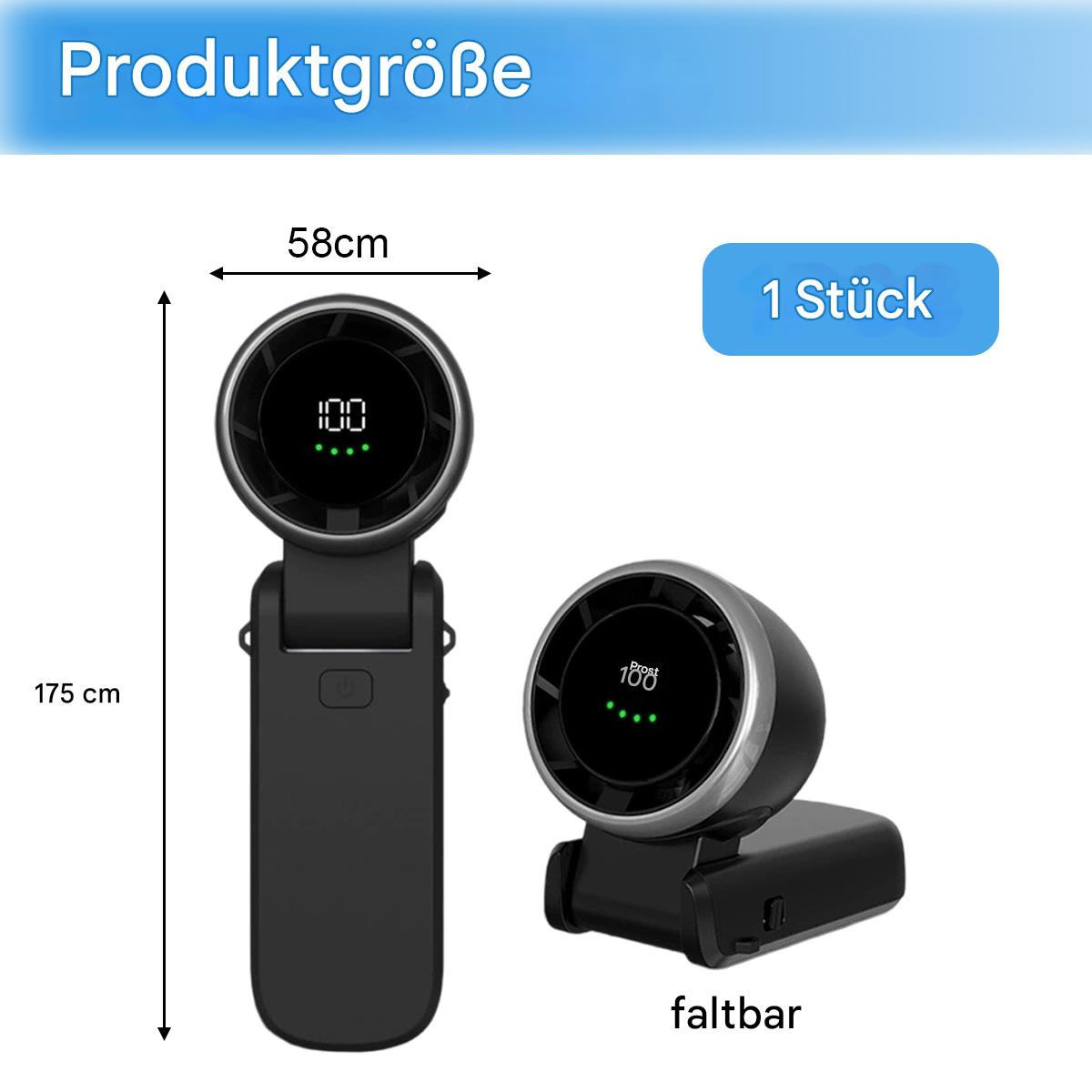 Zwei schwarze tragbare Ventilatoren nebeneinander, mit Abmessungen und dem Text: faltbar.
