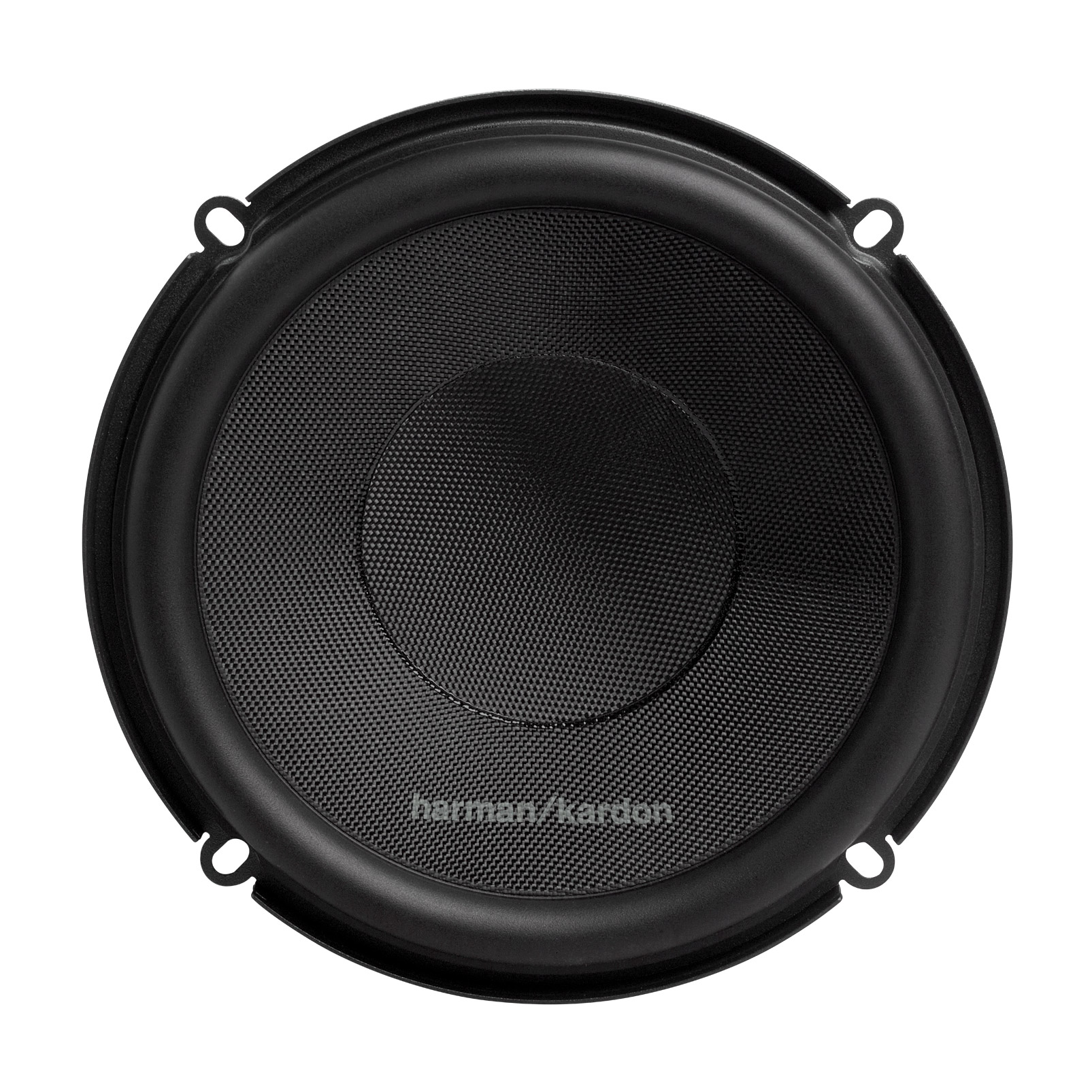 Ein schwarzer Lautsprecher mit kreisförmiger Form und Lautsprechergitter mit dem Logo harman/kardon.