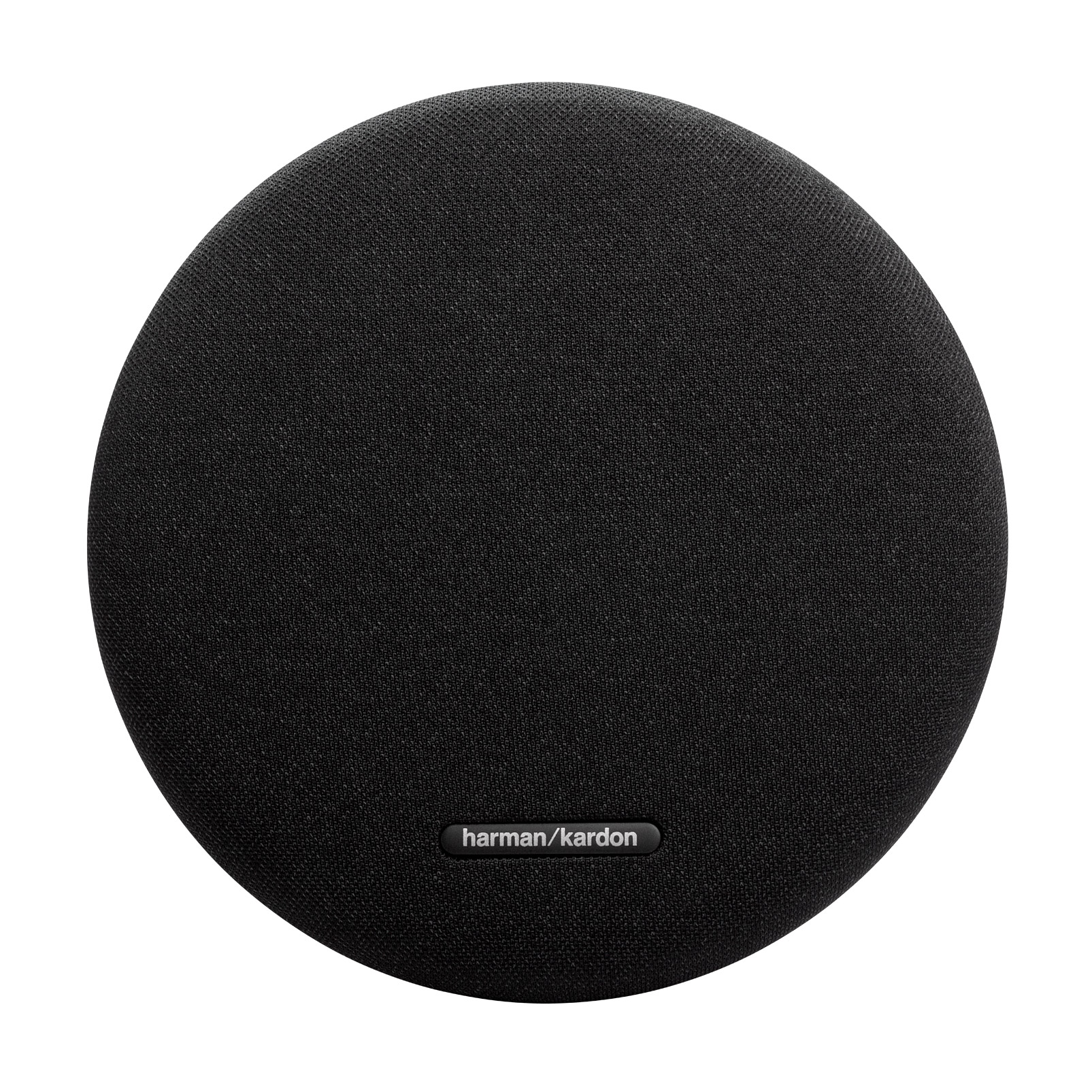 Schwarzer kreisförmiger Lautsprecher mit 'harman/kardon'-Logo auf weißem Hintergrund.
