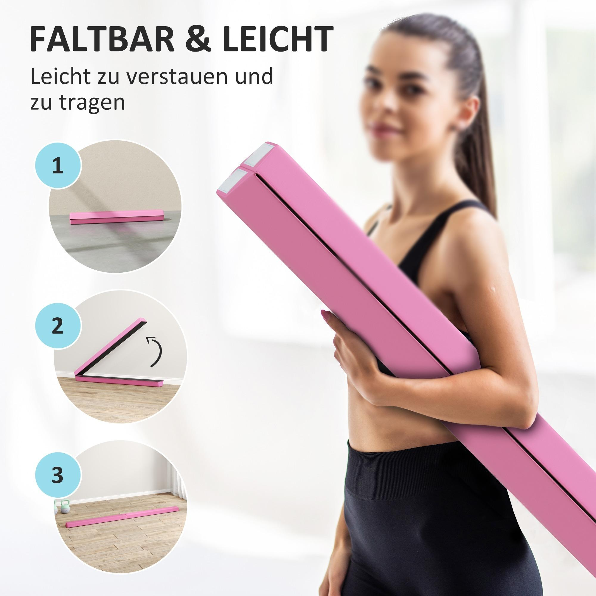 Eine Frau hält einen rosa Schwebebalken. Drei Diagramme zeigen das Falten des Balkens.