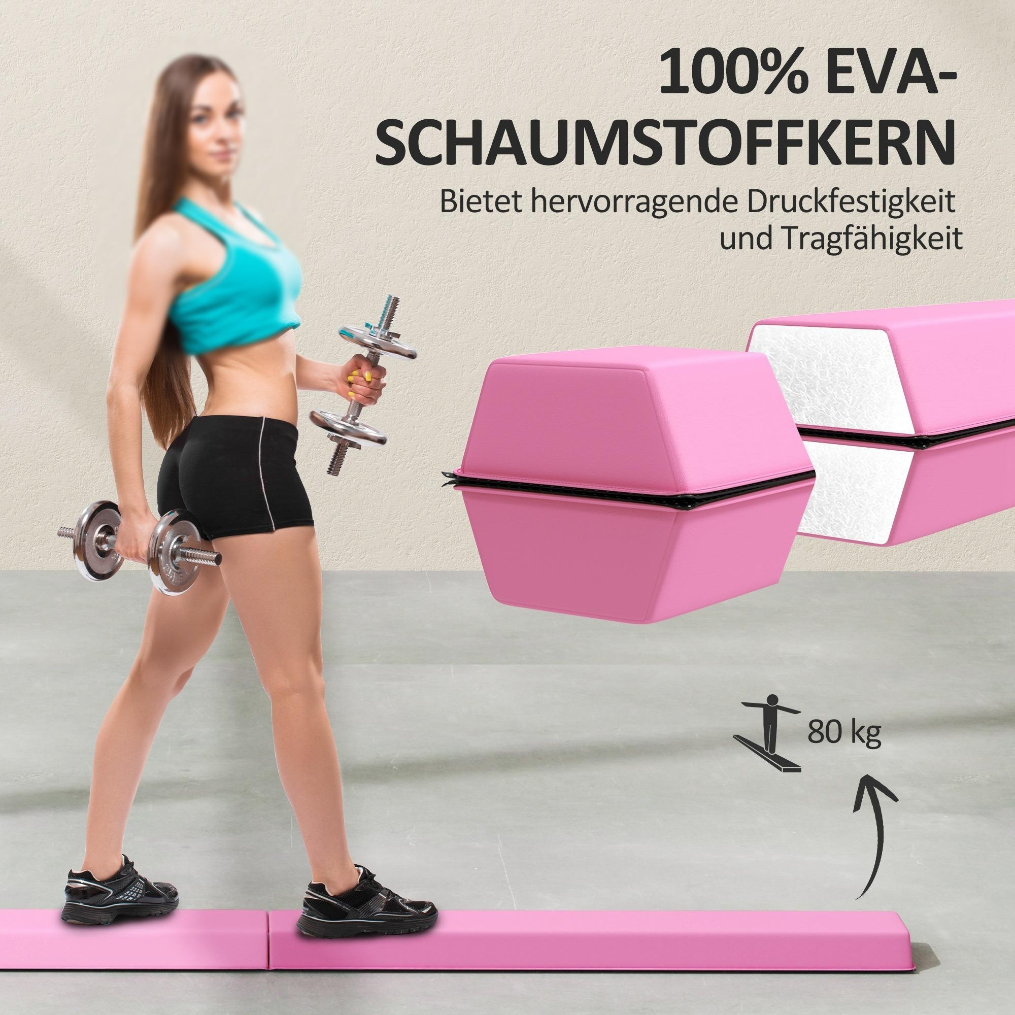 Eine Frau mit Kurzhanteln und rosa Schaumstoffblöcken, der Text lautet: 100 % EVA-Schaumstoffkern.