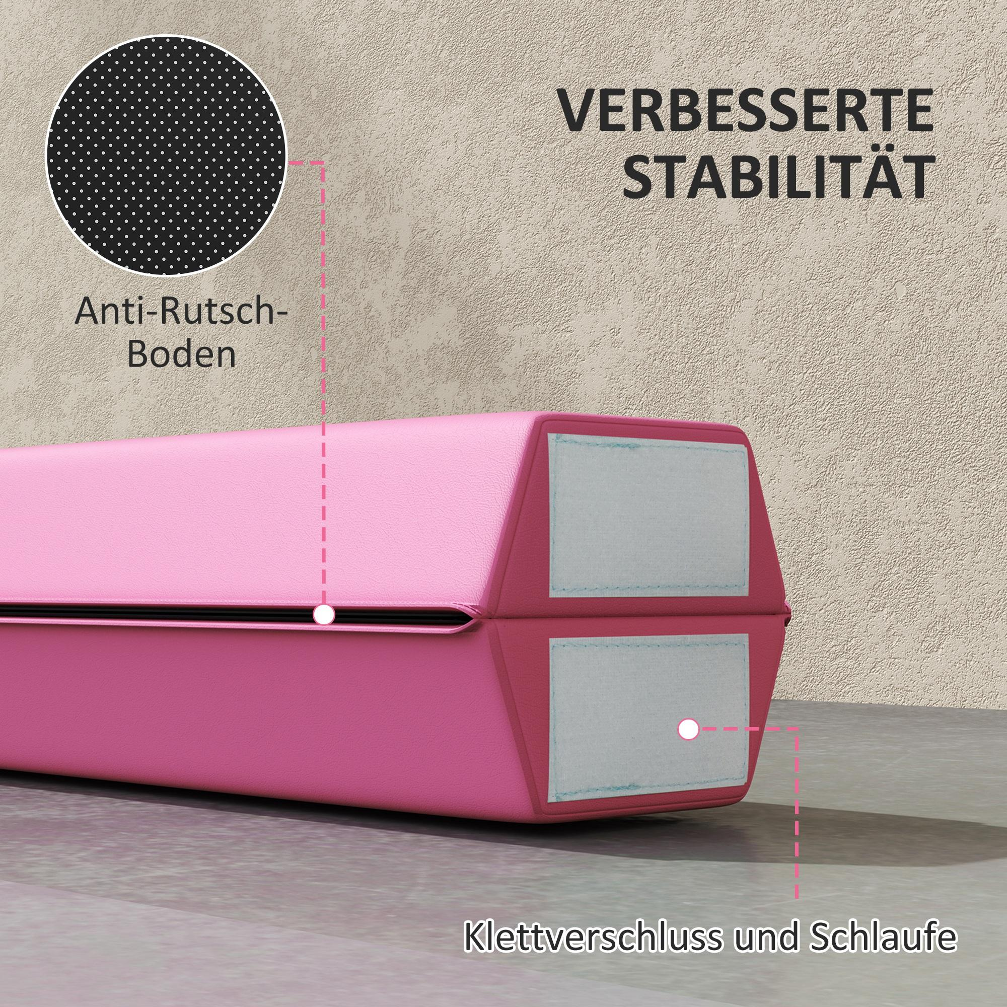 Rosa Schwebebalken mit Anti-Rutsch-Boden, Klettverschluss und Schlaufen Details. Text.