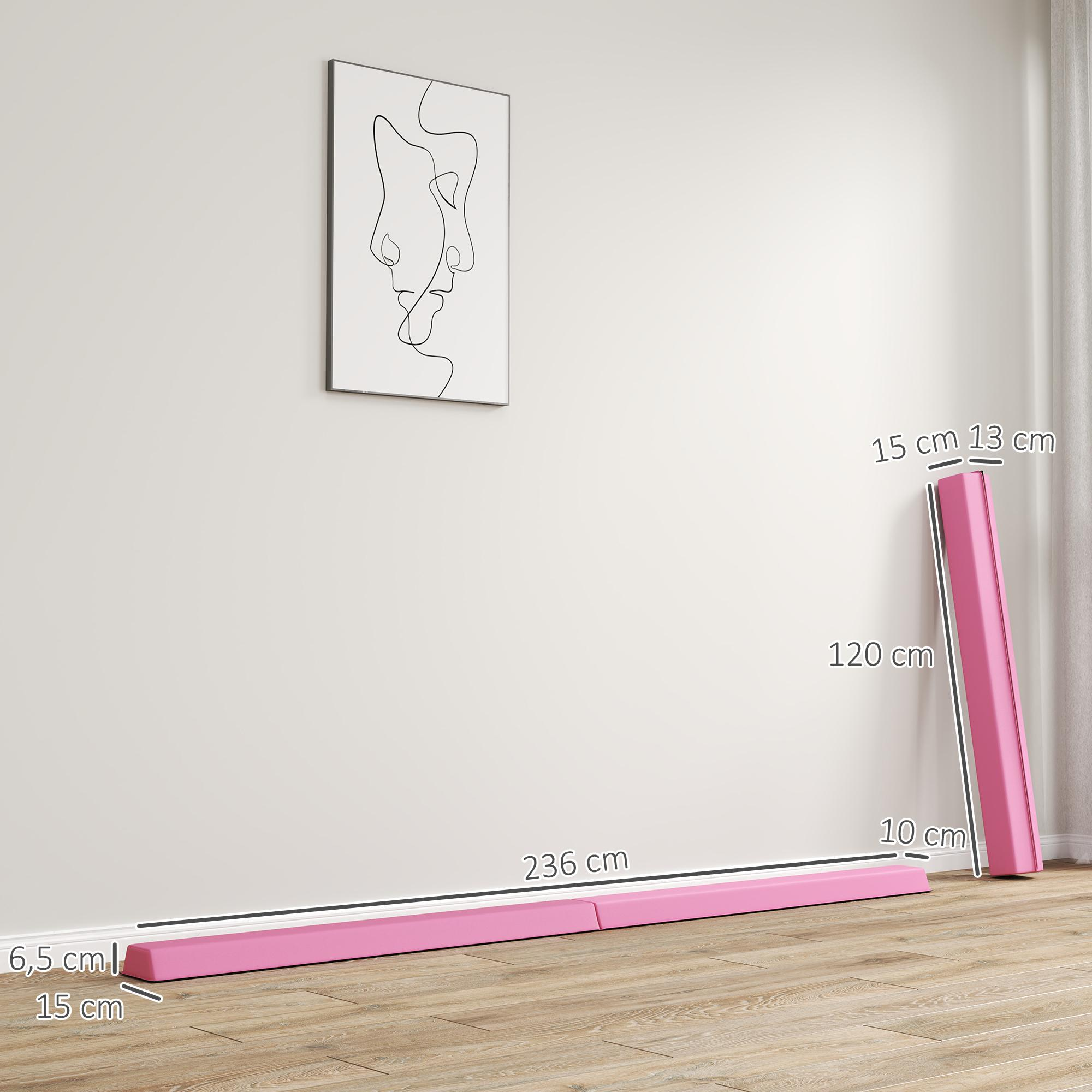 Ein rosa Schwebebalken in einem Raum. Maße für die Abmessungen des Balkens werden angegeben.