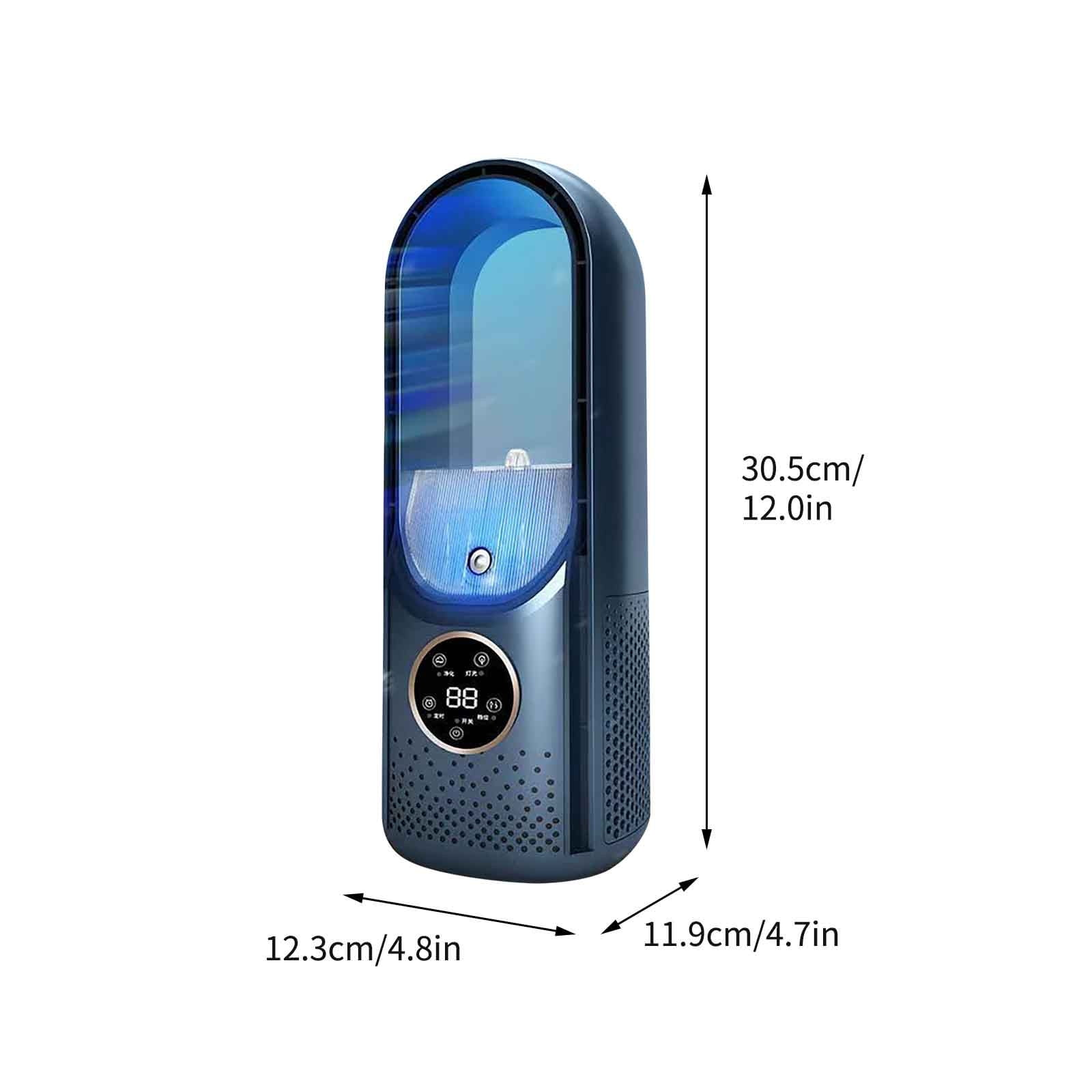 Dunkelblauer Luftreiniger mit den Maßen: 30,5 cm/12,0 Zoll, 12,3 cm/4,8 Zoll, 11,9 cm/4,7 Zoll.