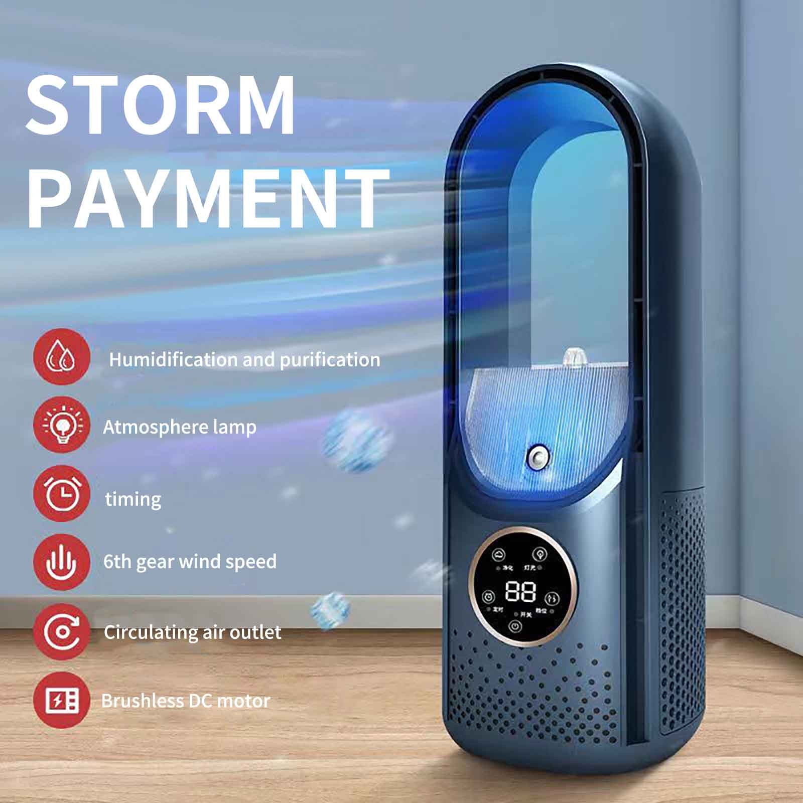 Ein dunkelblauer Luftreiniger mit Digitalanzeige und Symbolen, Text: Storm Payment.
