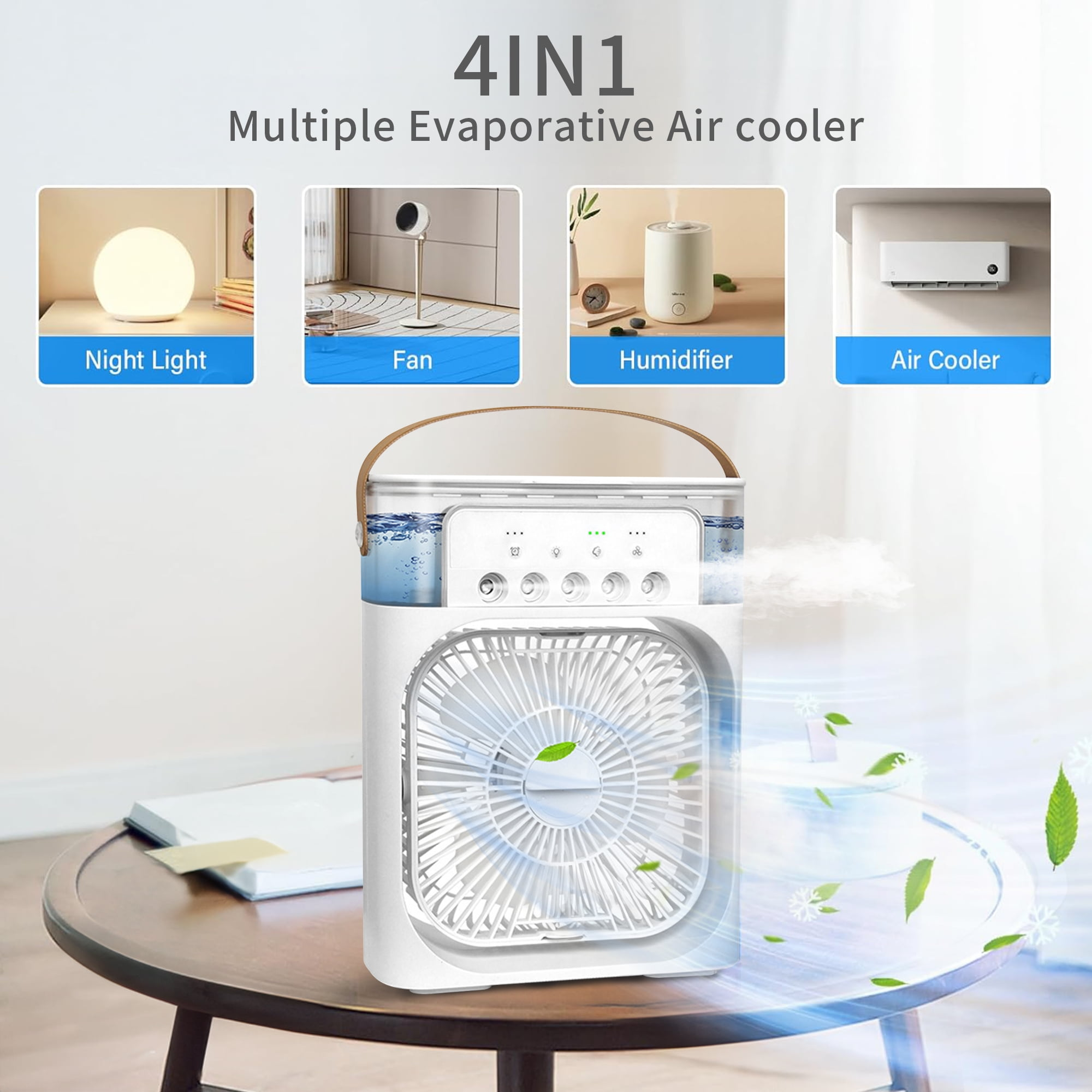 Weißer Luftkühler mit Griff, mit Nachtlicht-, Ventilator-, Luftbefeuchter- und Luftkühlerfunktionen auf einem Holztisch.