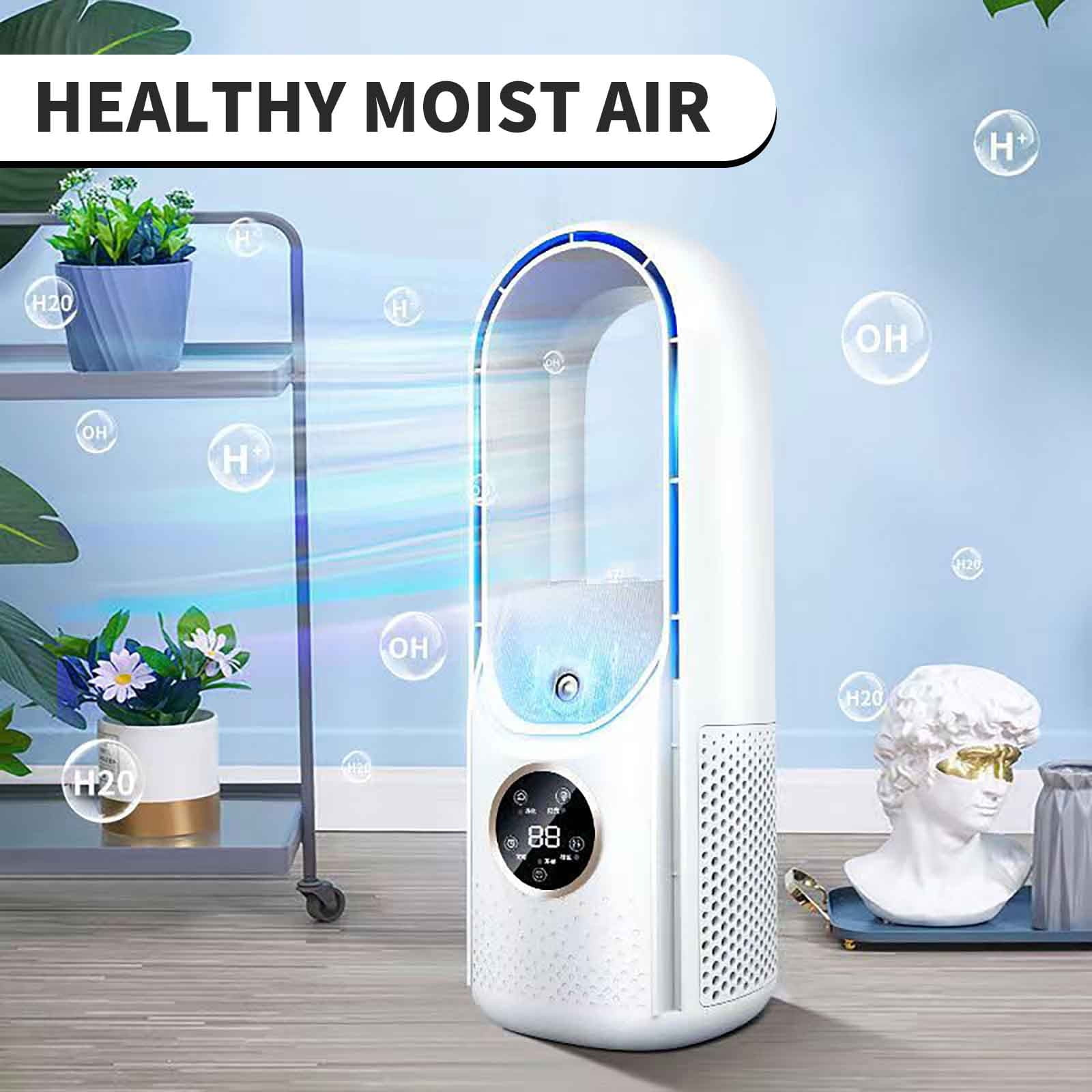 Ein weiß-blauer Luftreiniger mit Pflanzen und dem Text: Healthy Moist Air.