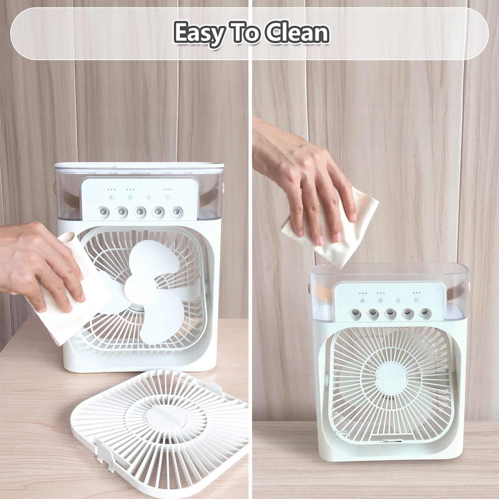Hände, die einen weißen Luftkühler mit einem Tuch reinigen. Die Abdeckung des Ventilators wurde zur Reinigung entfernt.