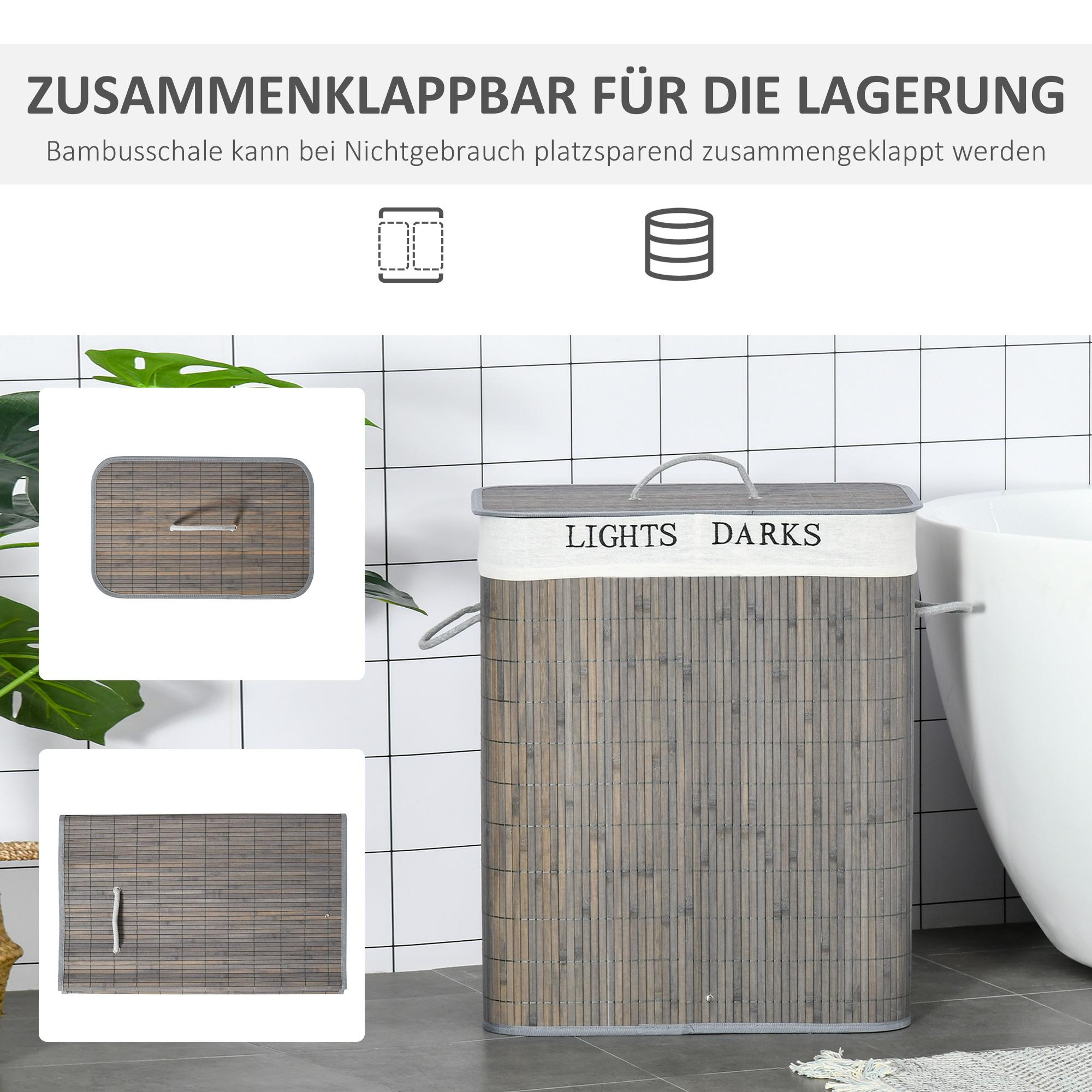 Grauer Bambus-Wäschekorb mit der Aufschrift "LIGHTS" und "DARKS", zur Aufbewahrung zusammengeklappt in einem Badezimmer.