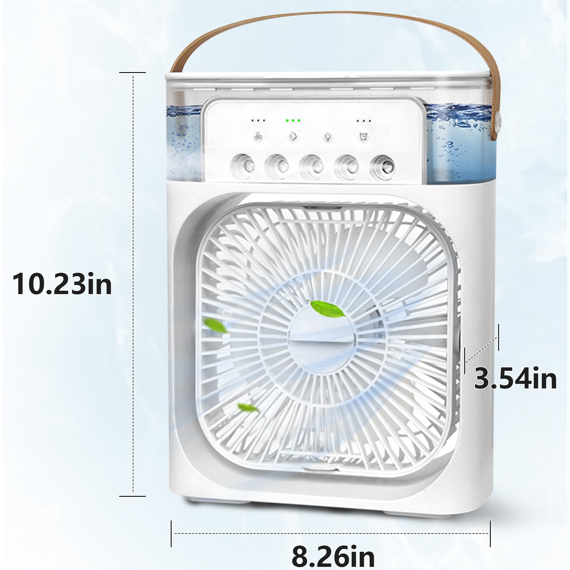 Weißer Luftkühler mit Wassertank und Griff, Abmessungen: 10,23 Zoll Höhe, 8,26 Zoll Breite, 3,54 Zoll Tiefe.