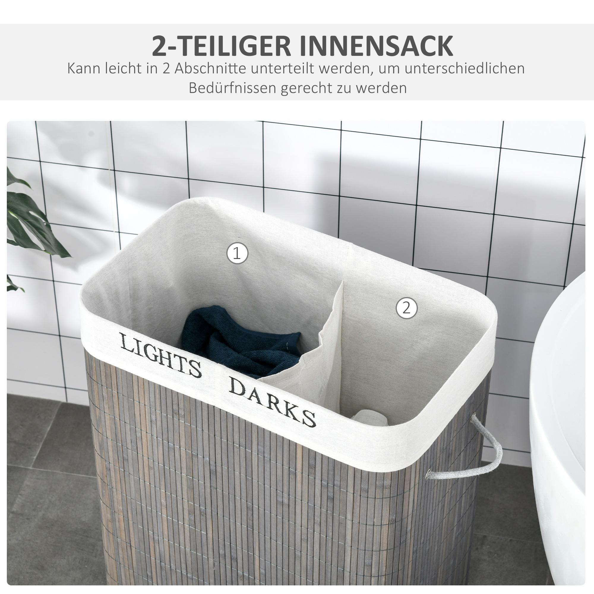 Wäschekorb mit zwei Fächern, beschriftet mit Lights und Darks, mit blauem Handtuch. Badezimmer Hintergrund.