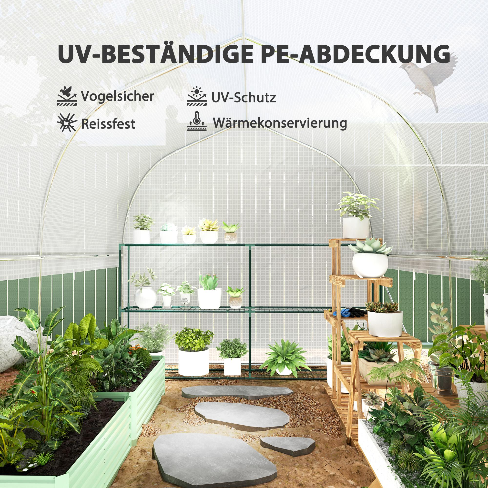In einem Gewächshaus mit Pflanzen, einem Holzregal und einem Steinweg. Text über UV-Schutz und Vogelsicherheit.