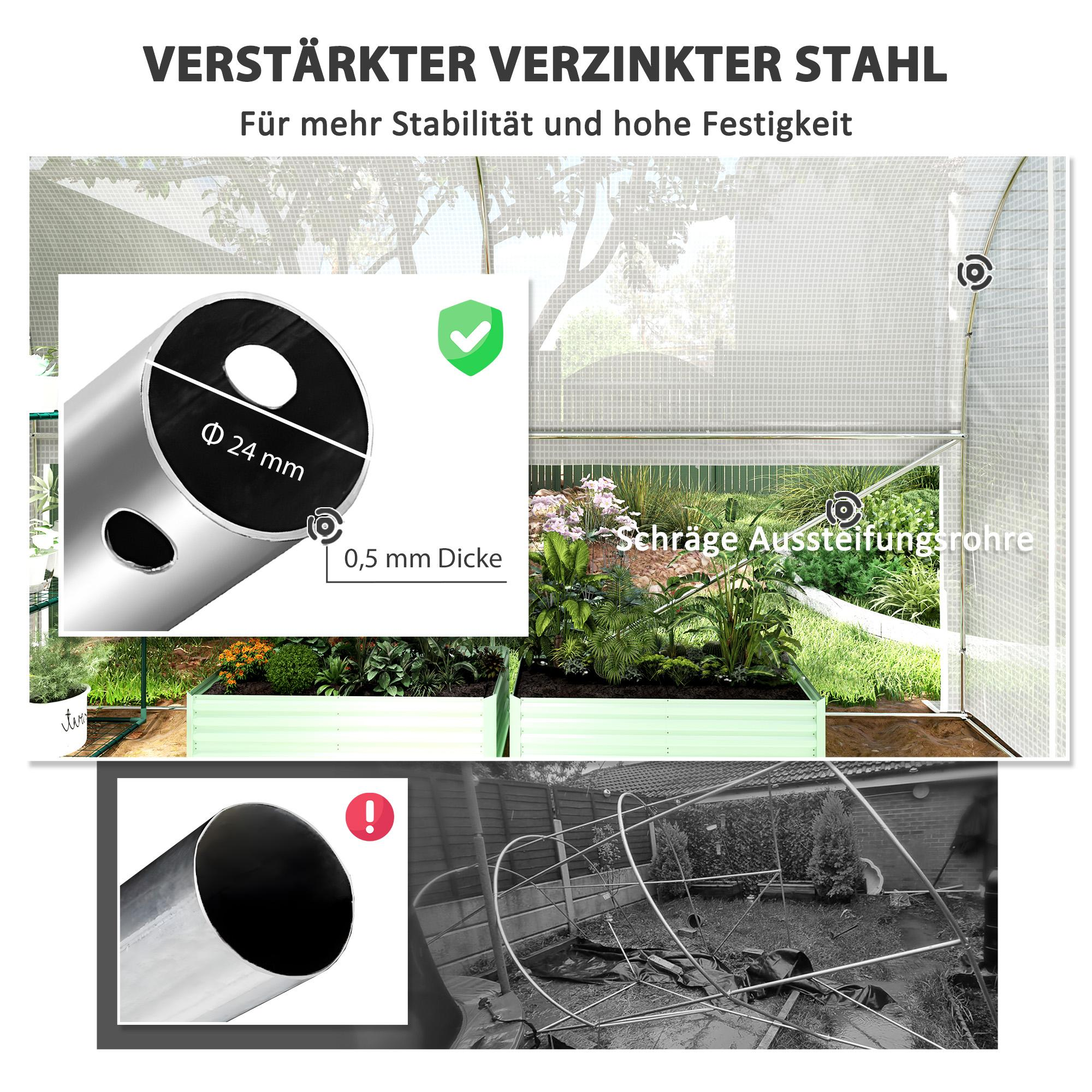 Nahaufnahmen zeigen Gewächshausdetails, einschließlich Metallrohr und Rahmen. Text hebt verstärkten Stahl und Festigkeit hervor.