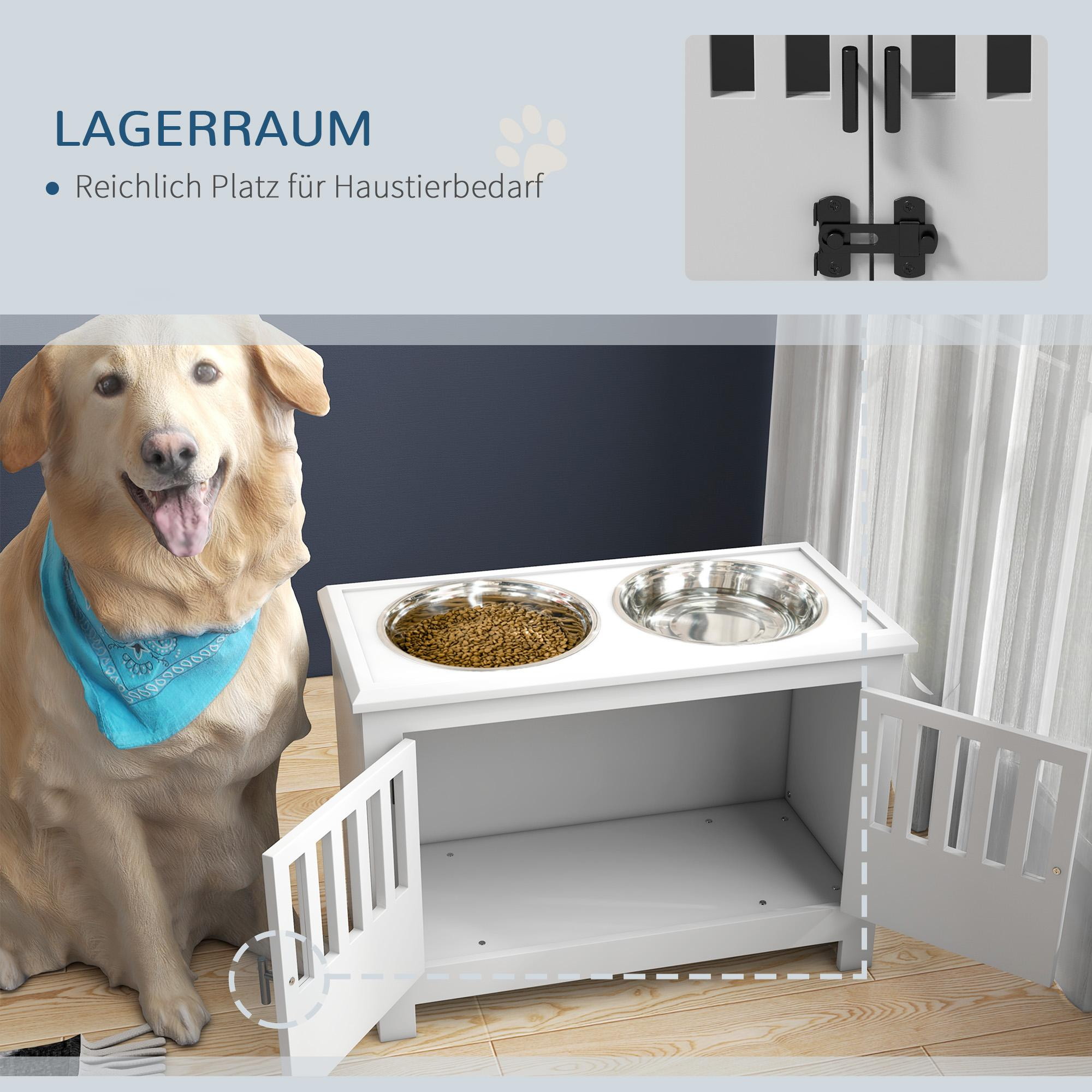Ein Hundefutterschrank mit einem Hund dahinter, mit geöffneten Türen, die Schalen freigeben. Text über die Lagerung.