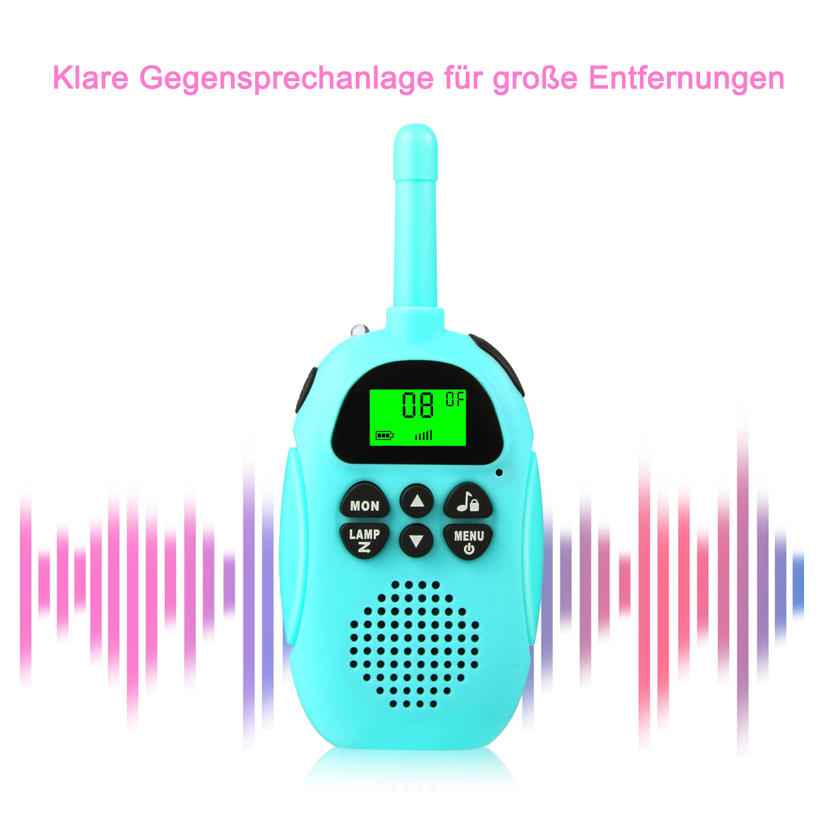 Ein blaues Walkie-Talkie mit grünem Bildschirm und Knöpfen. Text: 'Klare Gegensprechanlage für große Entfernungen'.