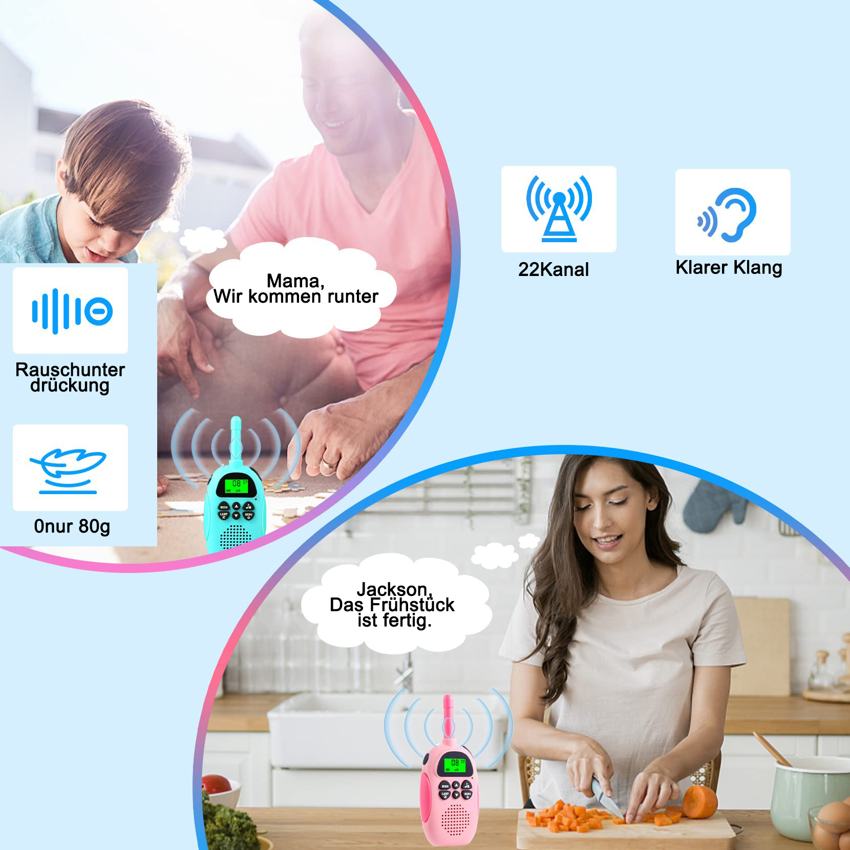 Ein Vater und sein Sohn unterhalten sich, eine Frau schneidet Gemüse. Zwei Walkie-Talkies werden mit Infografiken gezeigt.