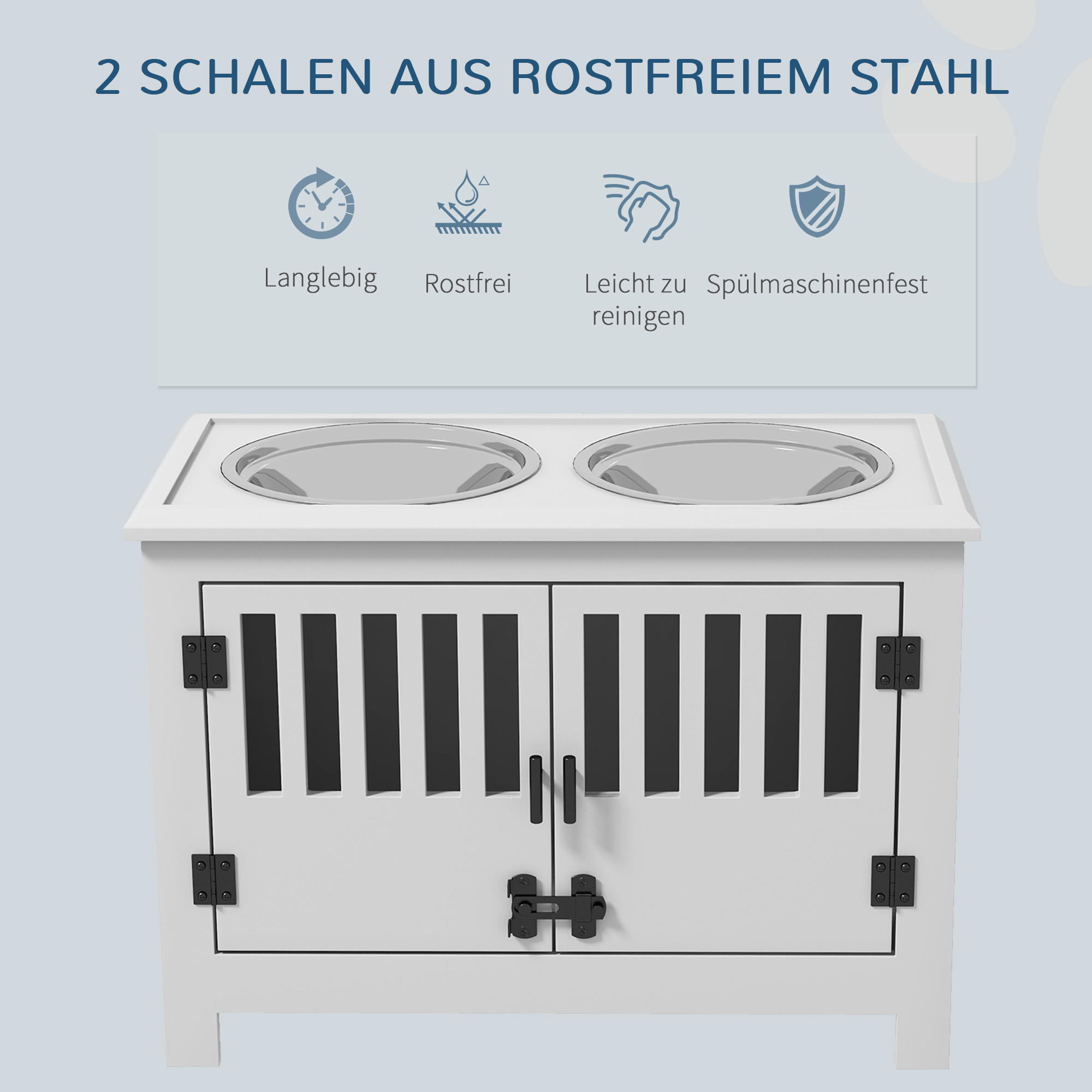 Ein weißer Futternapfständer mit zwei Edelstahlnäpfen. Text: 'Langlebig, rostfrei, leicht zu reinigen'.