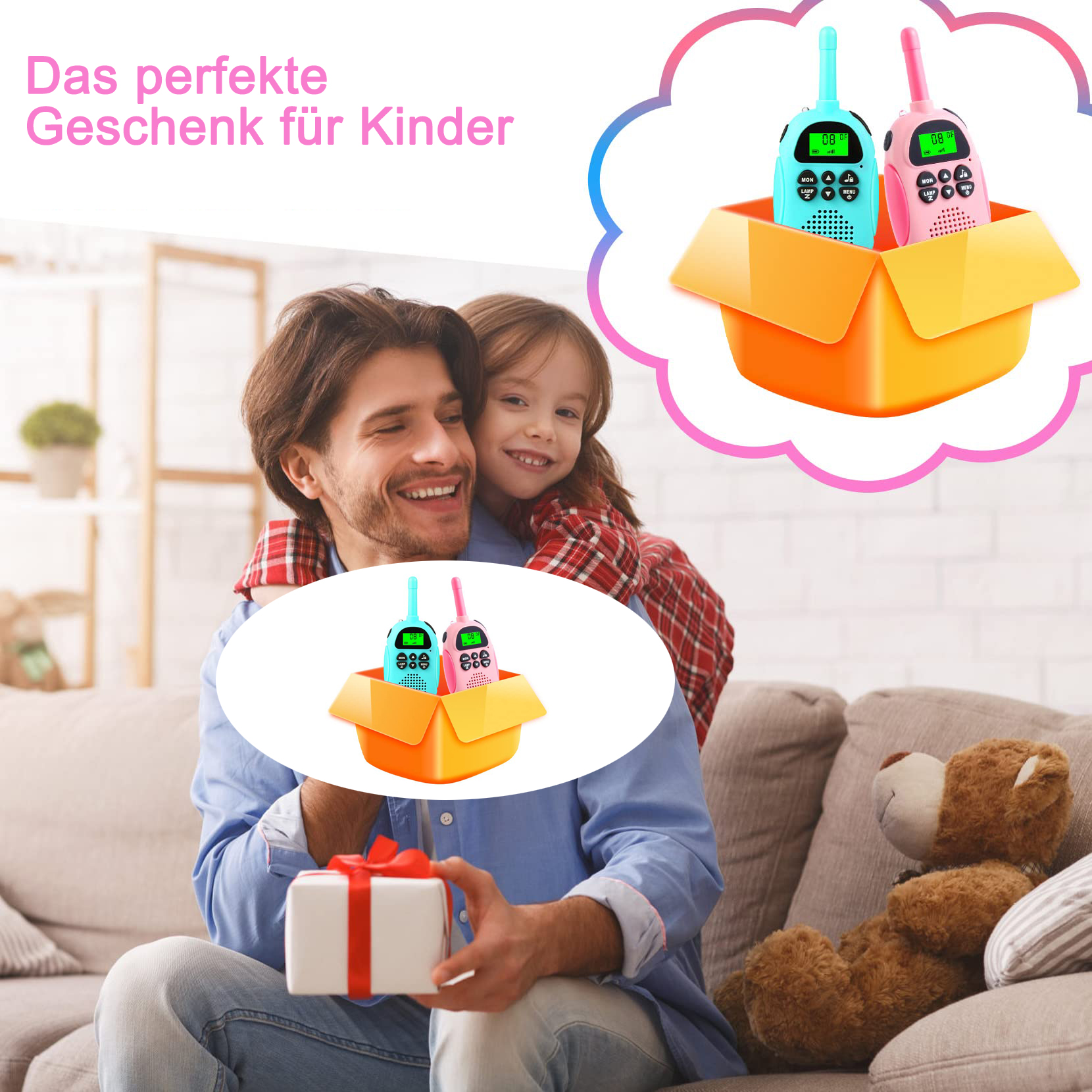 Ein Mann und ein Mädchen lächeln und halten Walkie-Talkies. Eine Geschenkbox und ein Teddybär sind ebenfalls vorhanden.