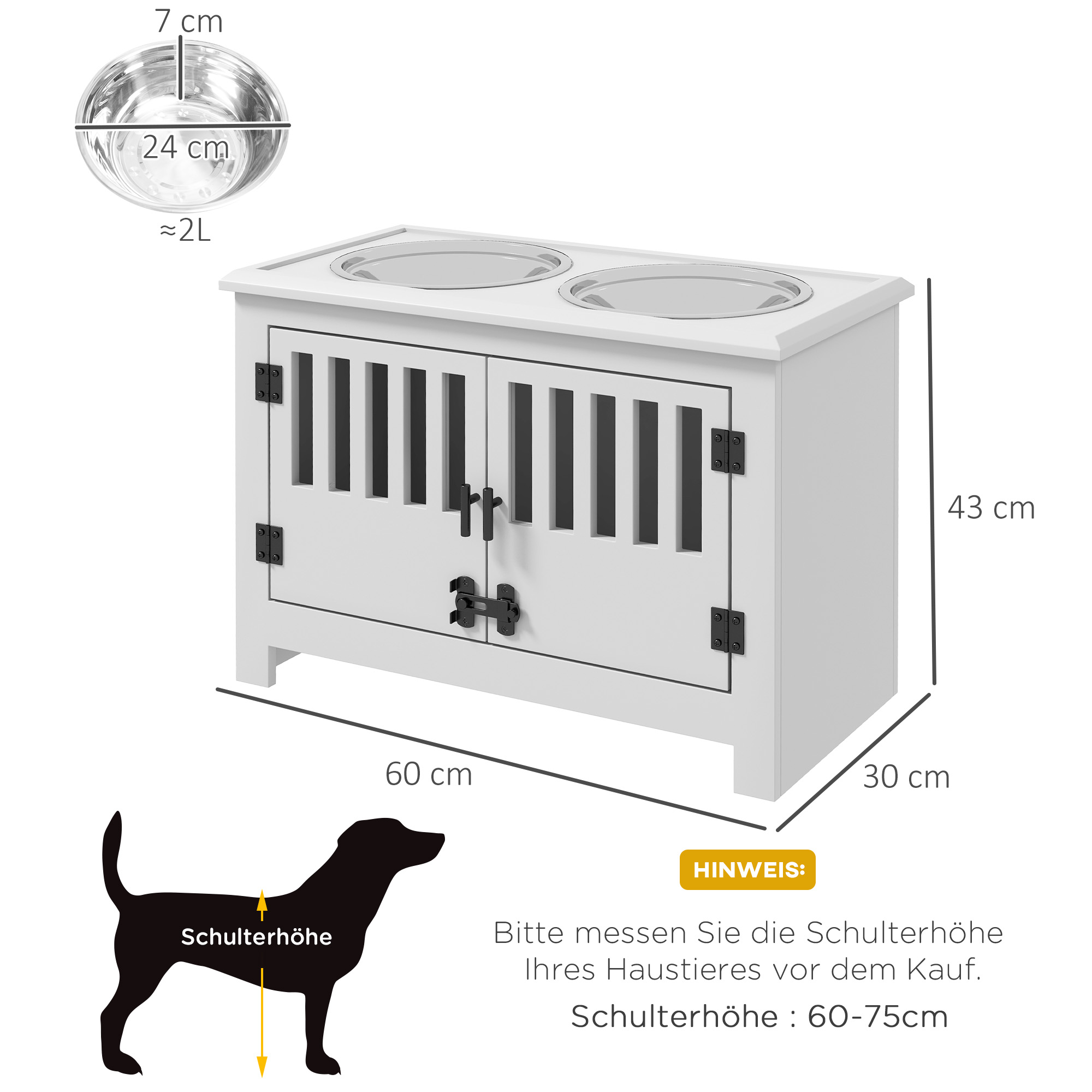 Ein weißer Futternapfschrank mit Abmessungen. Der Schrank hat zwei Schalen und zwei Türen. Eine Hunde-Silhouette ist vorhanden.