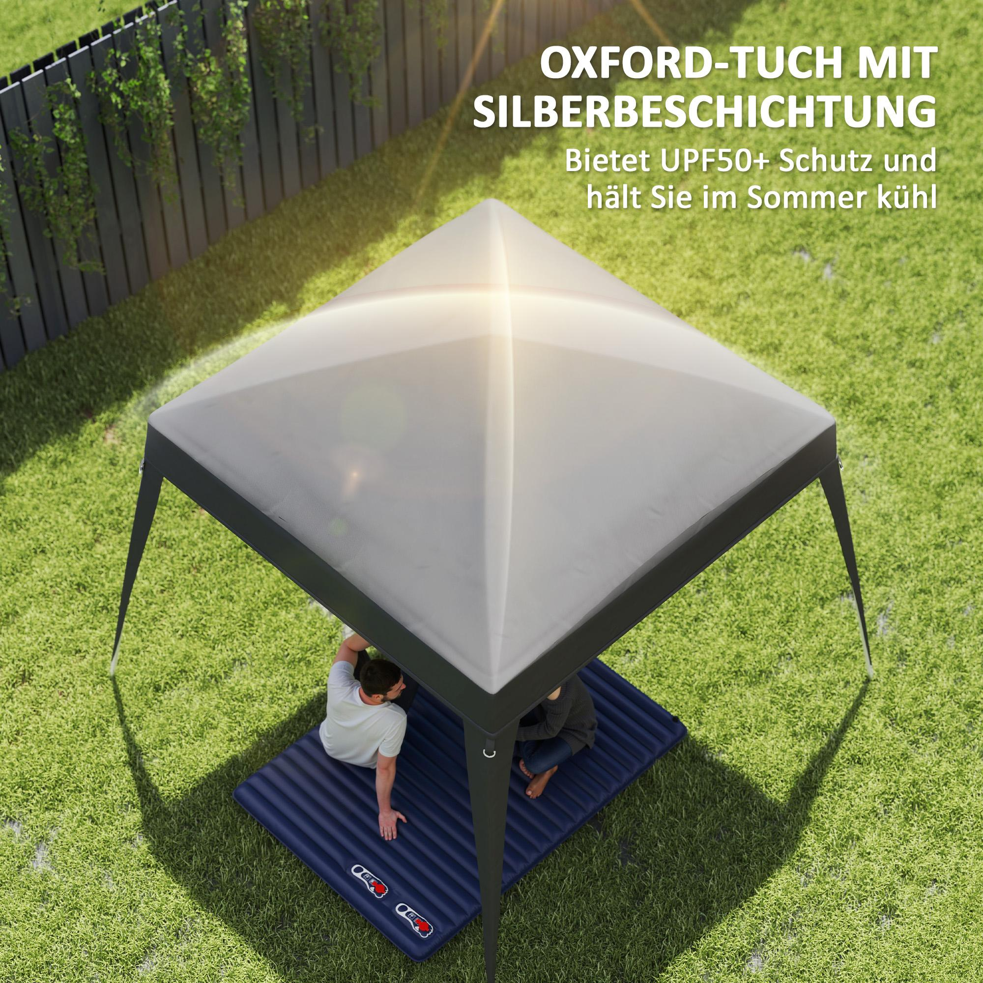 Ein Pavillon auf grünem Gras. Zwei Personen sitzen auf einer blauen Matte darunter. Text: Oxford-Tuch mit Silberbeschichtung.