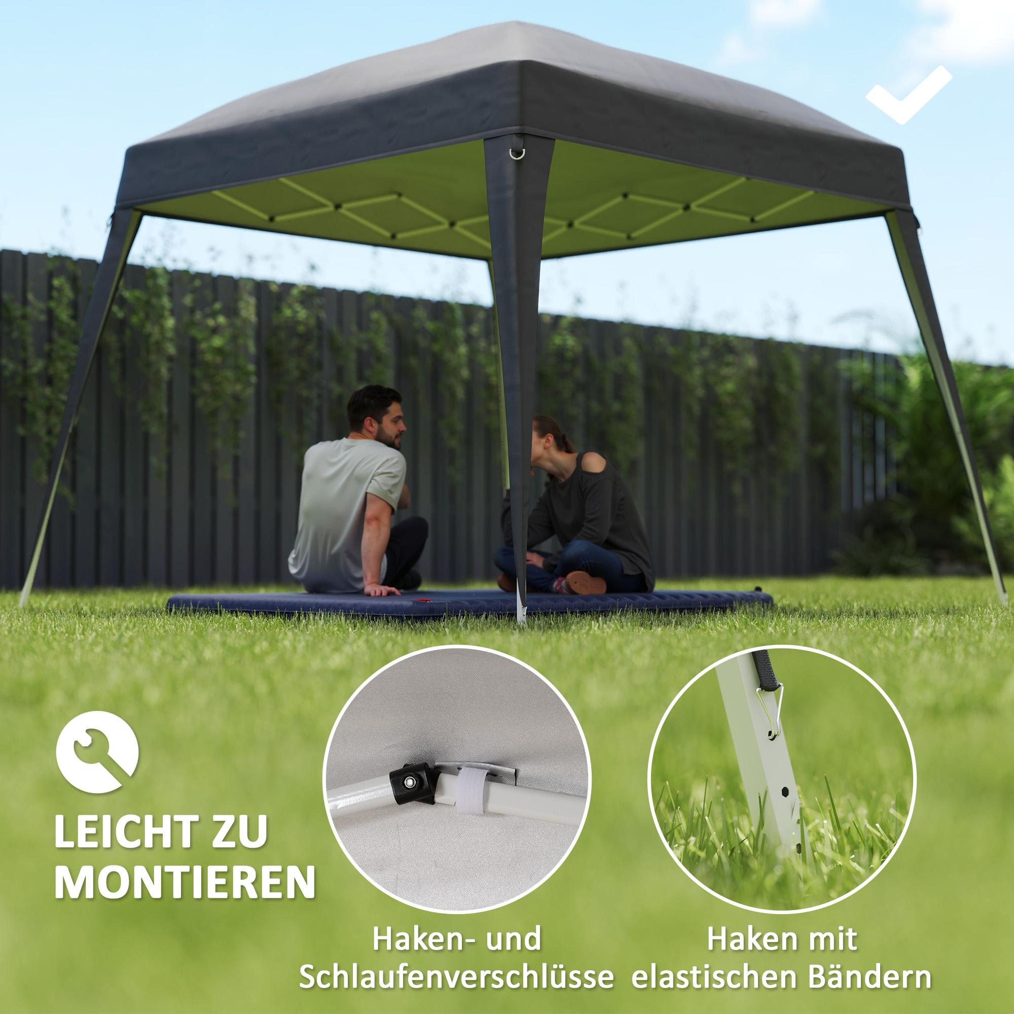 Zwei Personen sitzen unter einem Pavillon. Der Pavillon befindet sich in einem Garten mit grünem Rasen. Text: 'Einfach zu montieren'.
