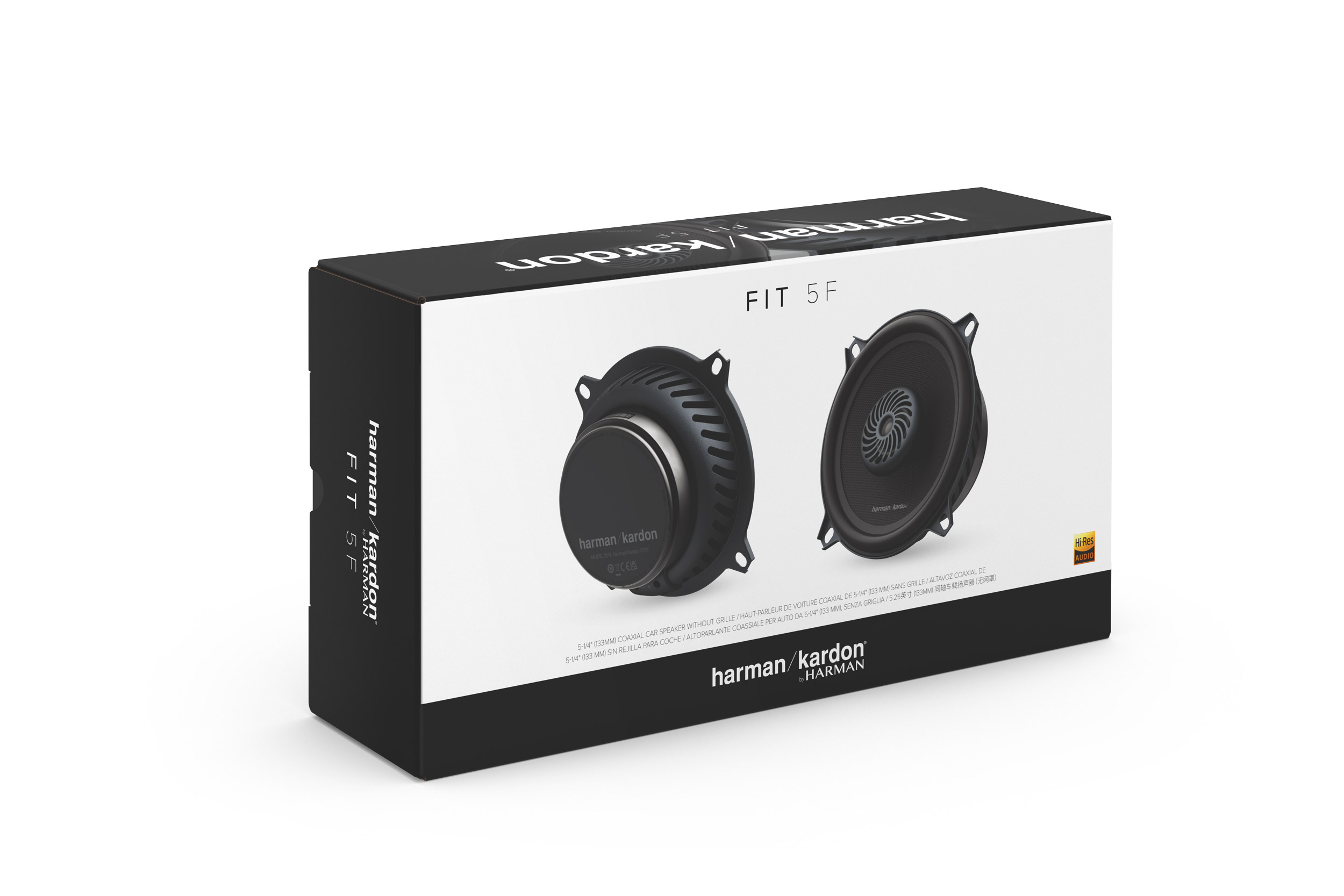 Eine Schachtel mit einem Lautsprecher darin. Auf der Schachtel steht die Marke Harman Kardon. Es steht Fit 5F drauf.