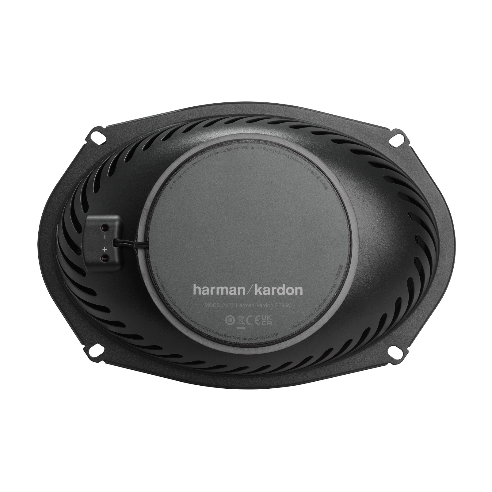 Rückansicht eines Autolautsprechers mit Anschlüssen und harman/kardon Logo.