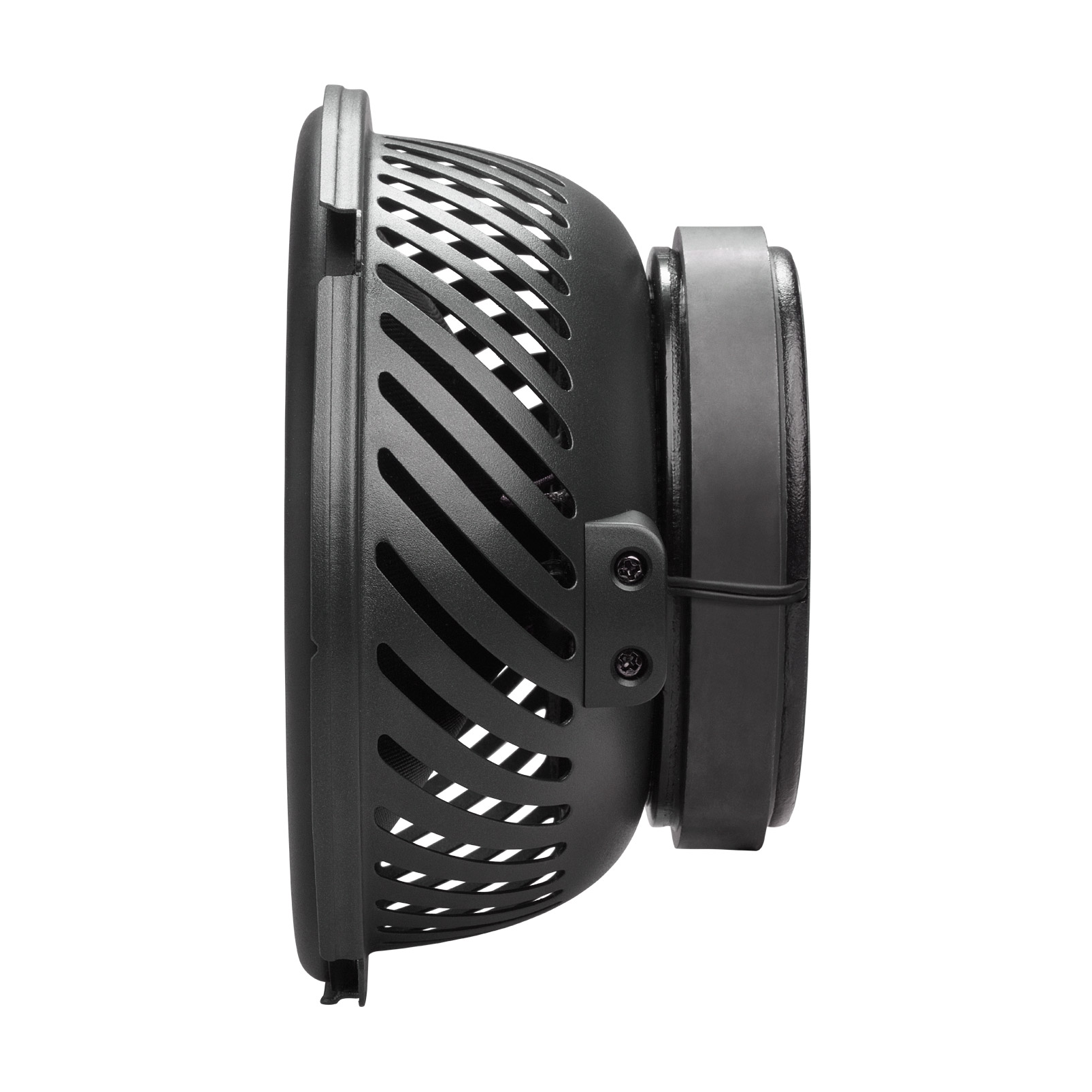 Ein schwarzer Subwoofer mit runder Form und Schutzgitter.