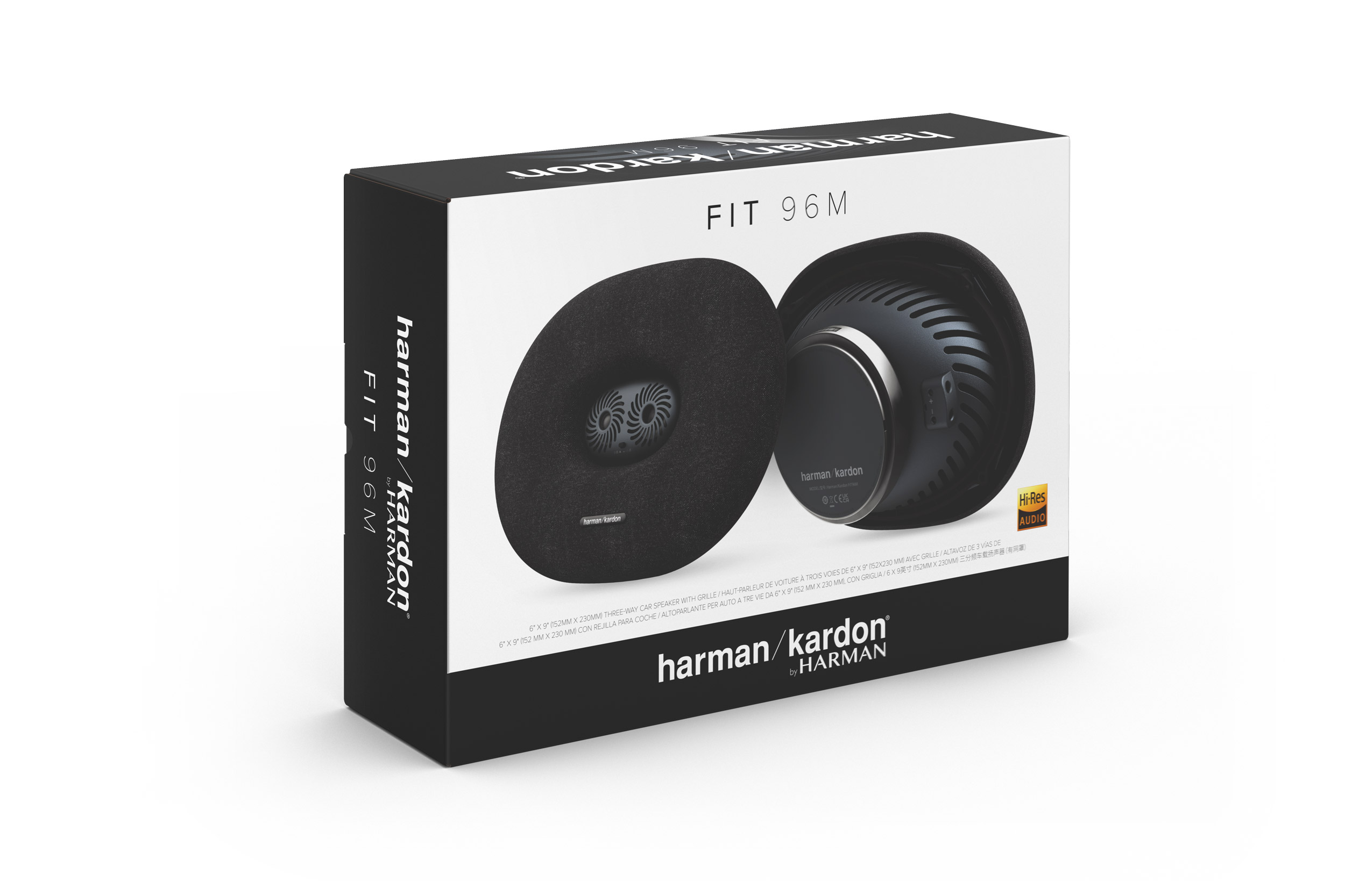 Eine schwarz-weiße Box mit der Aufschrift 'harman/kardon' und 'FIT 96M'. Ein Kopfhörerpaar ist in der Box sichtbar.