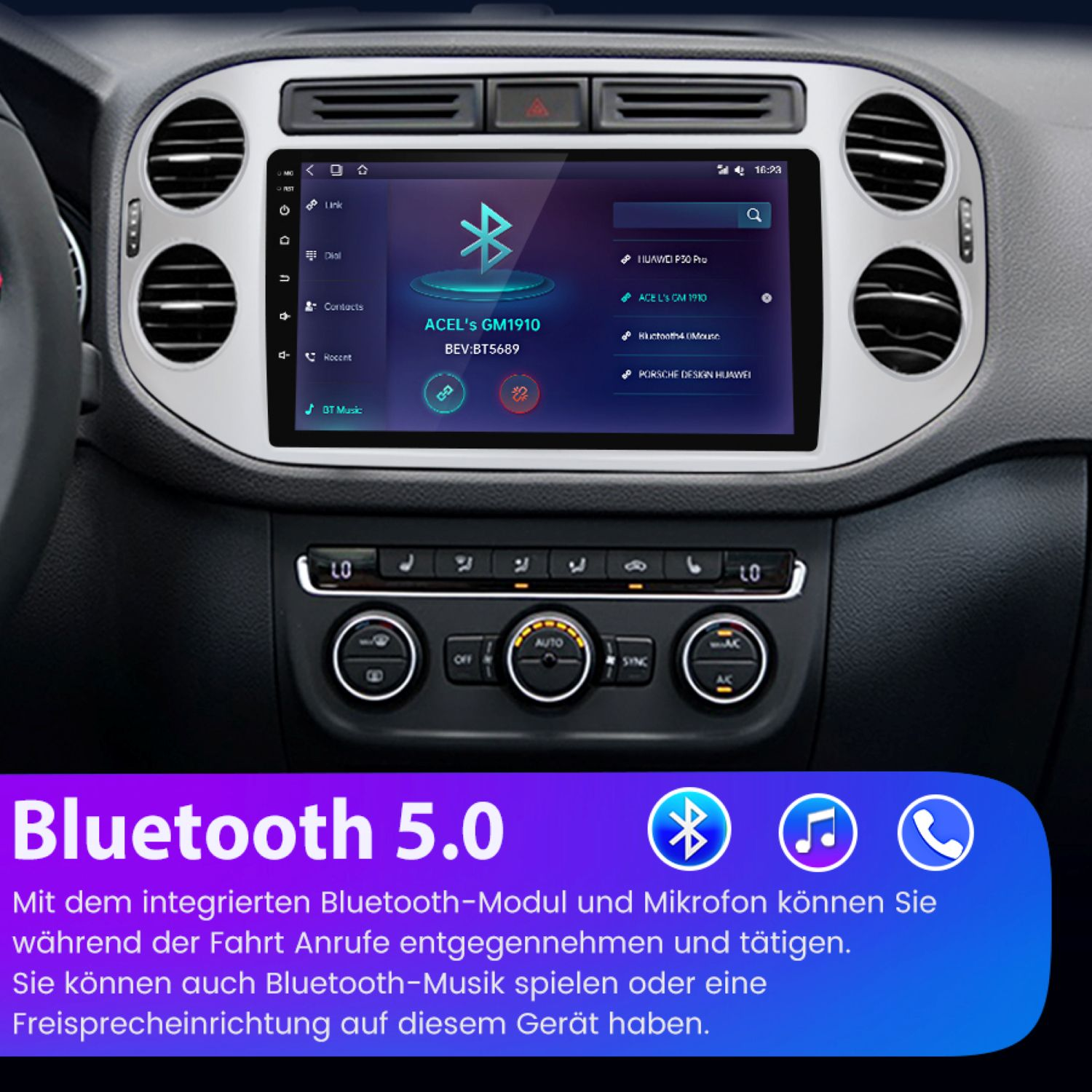 Armaturenbrett mit Bildschirm, der Bluetooth-Optionen anzeigt. Text bewirbt Bluetooth 5.0.