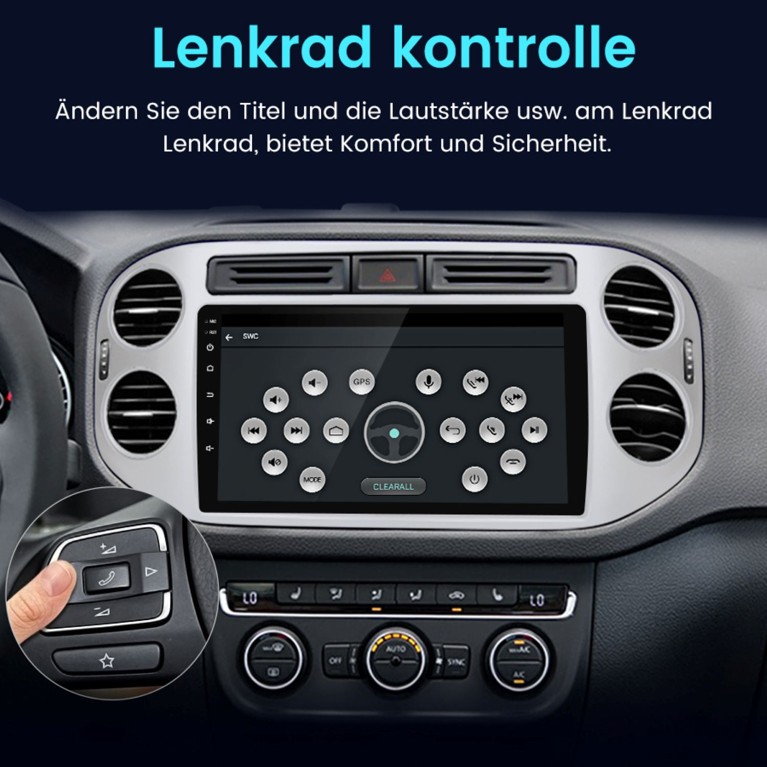 Deska rozdzielcza samochodu z ekranem pokazującym interfejs i dłonią wchodzącą w interakcję z elementami sterowania kierownicy.